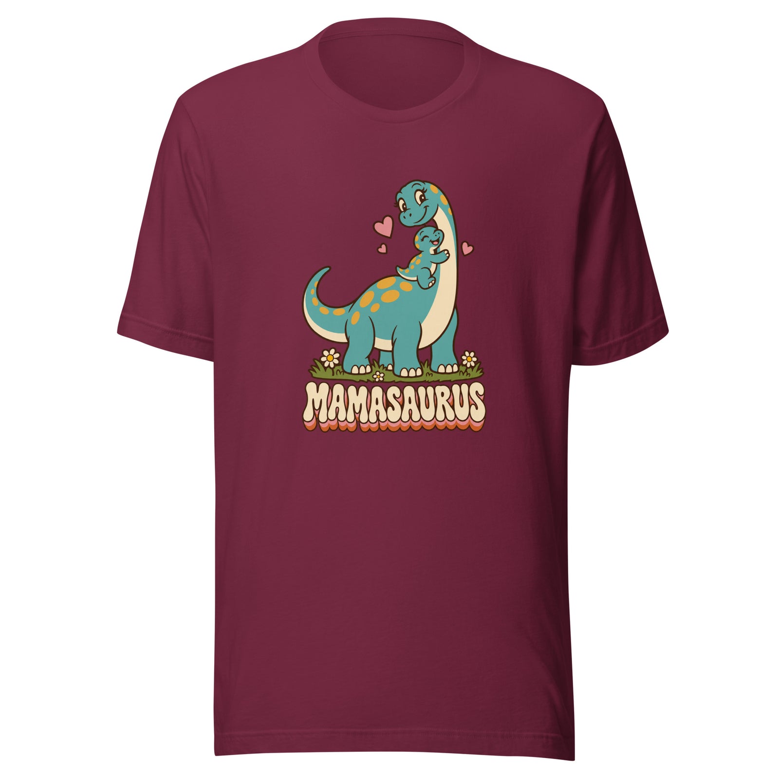 Retro Mamasaurus women's dinosaur t-shirt with mama dinosaur hugging baby - Maroon - front view