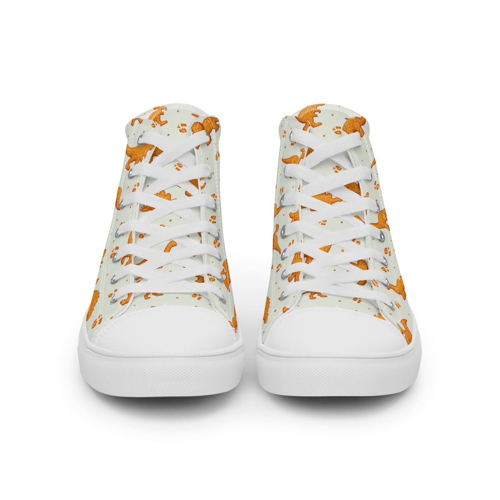 Front view of Dino Nuggies dinosaur shoes for women with dino nugget print on the tongues