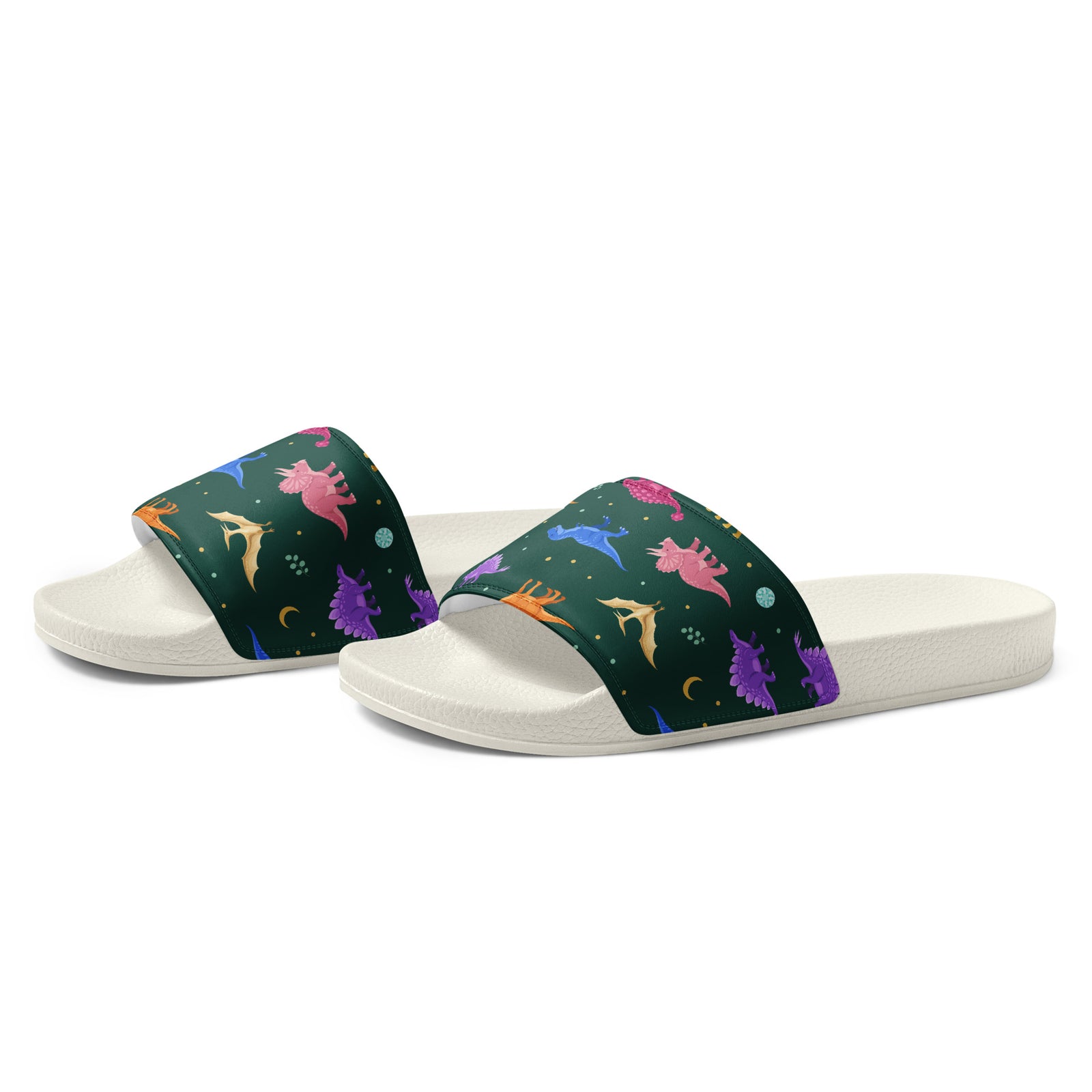 Angled view of Emerald Jewel Dinos dinosaur slides showing the cushioned printed strap