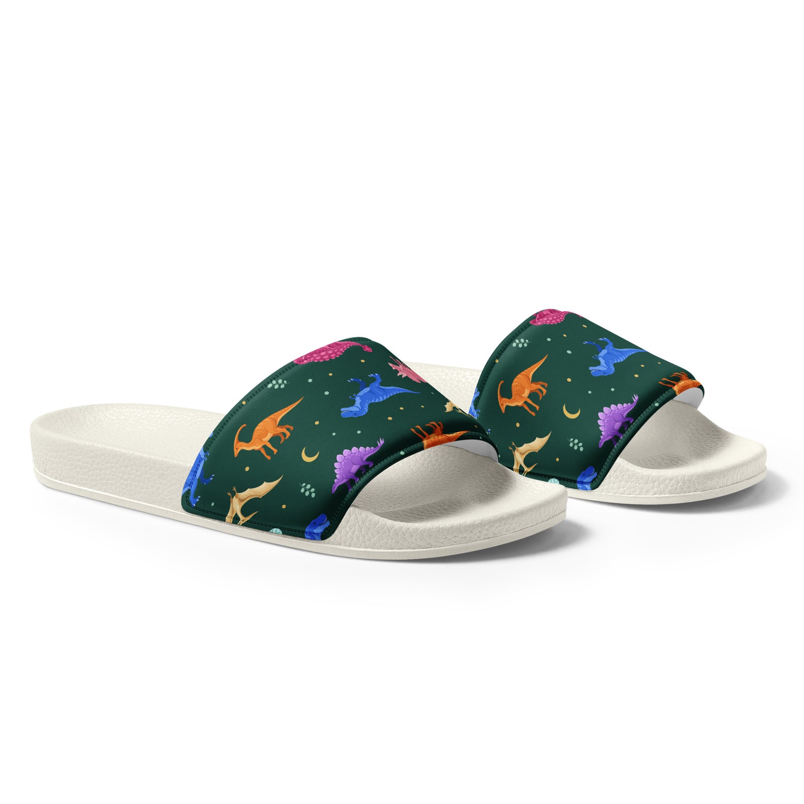 Angled view of Emerald Jewel Dinos dinosaur slides showing the cushioned printed strap