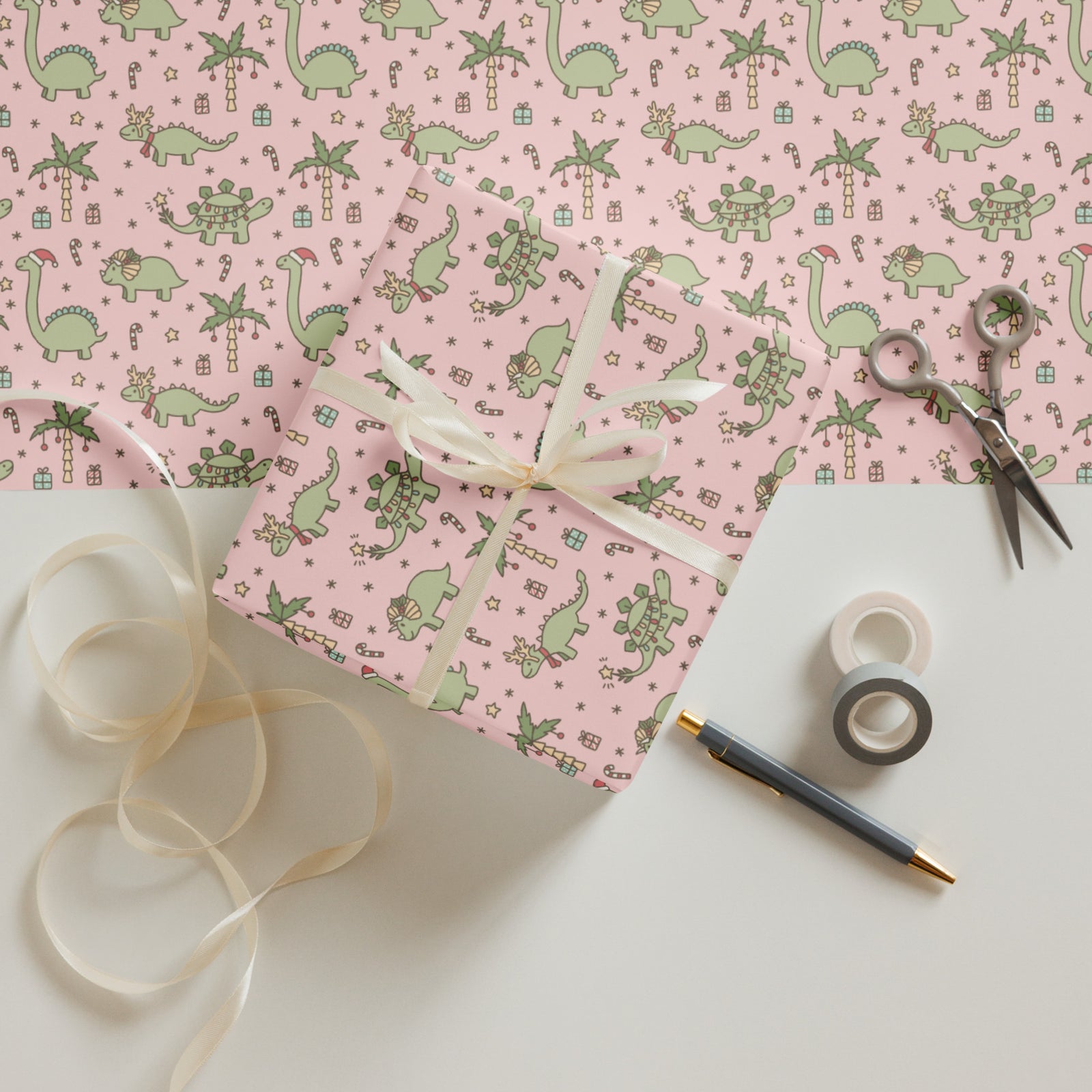 Pink Christmas - Dinosaur Christmas Wrapping Paper