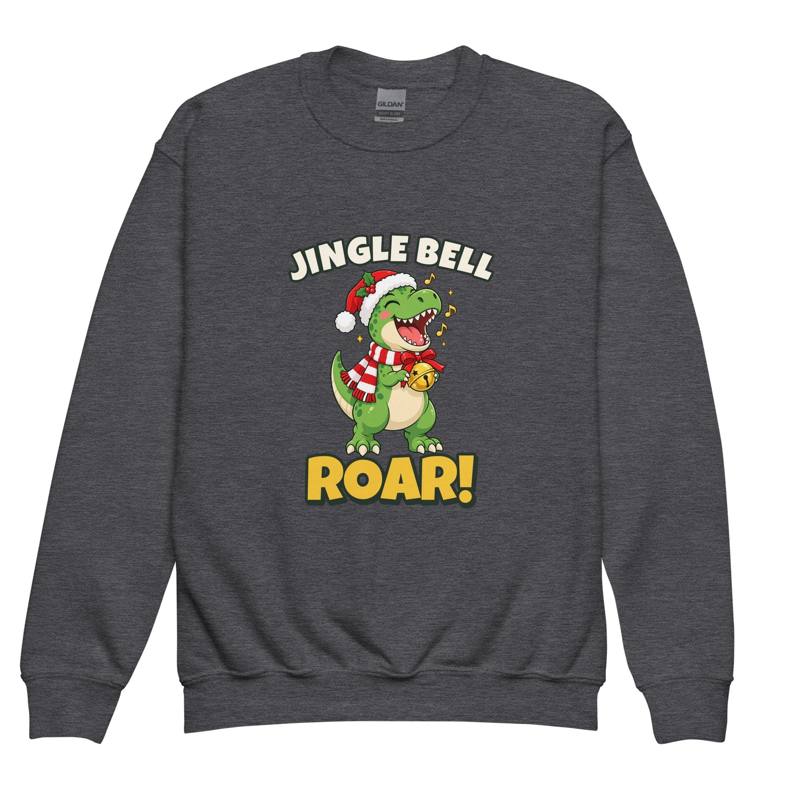 Jingle Bell Roar youth dinosaur Christmas sweatshirt - Dark Heather - front