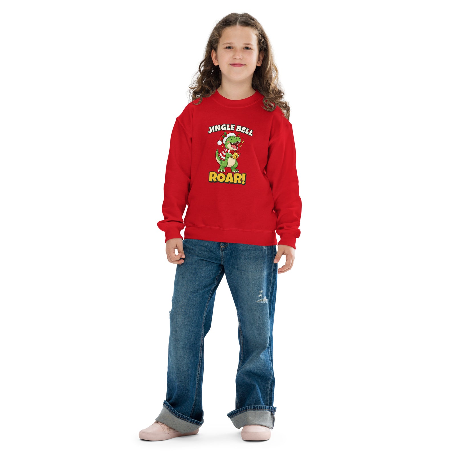 Kid wearing the Red Jingle Bell Roar youth dinosaur Christmas sweatshirt with jeans - front
