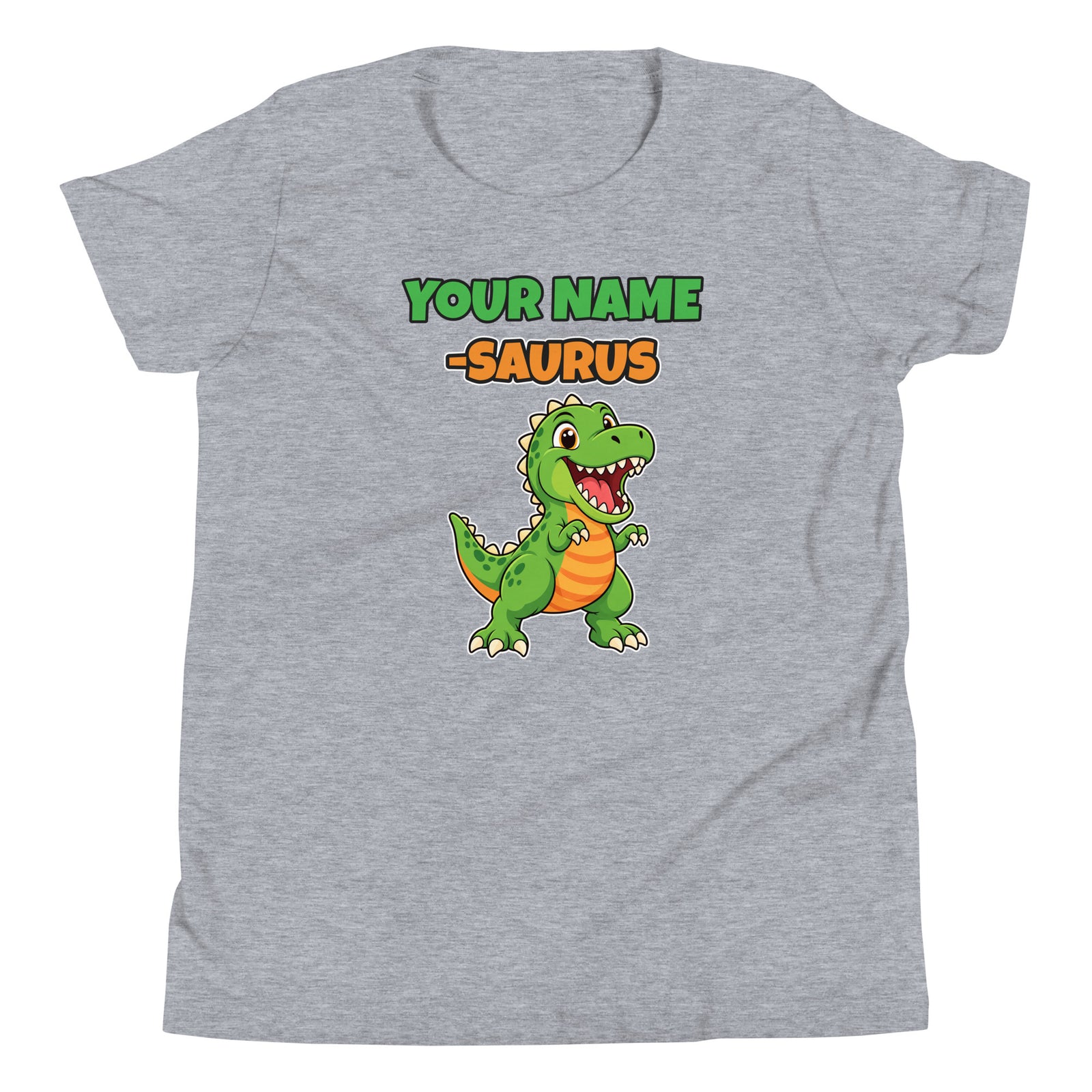 Name-Saurus personalized dinosaur t-shirt in , Printful preview with placeholder text YOUR NAME where the child's name prints, front view