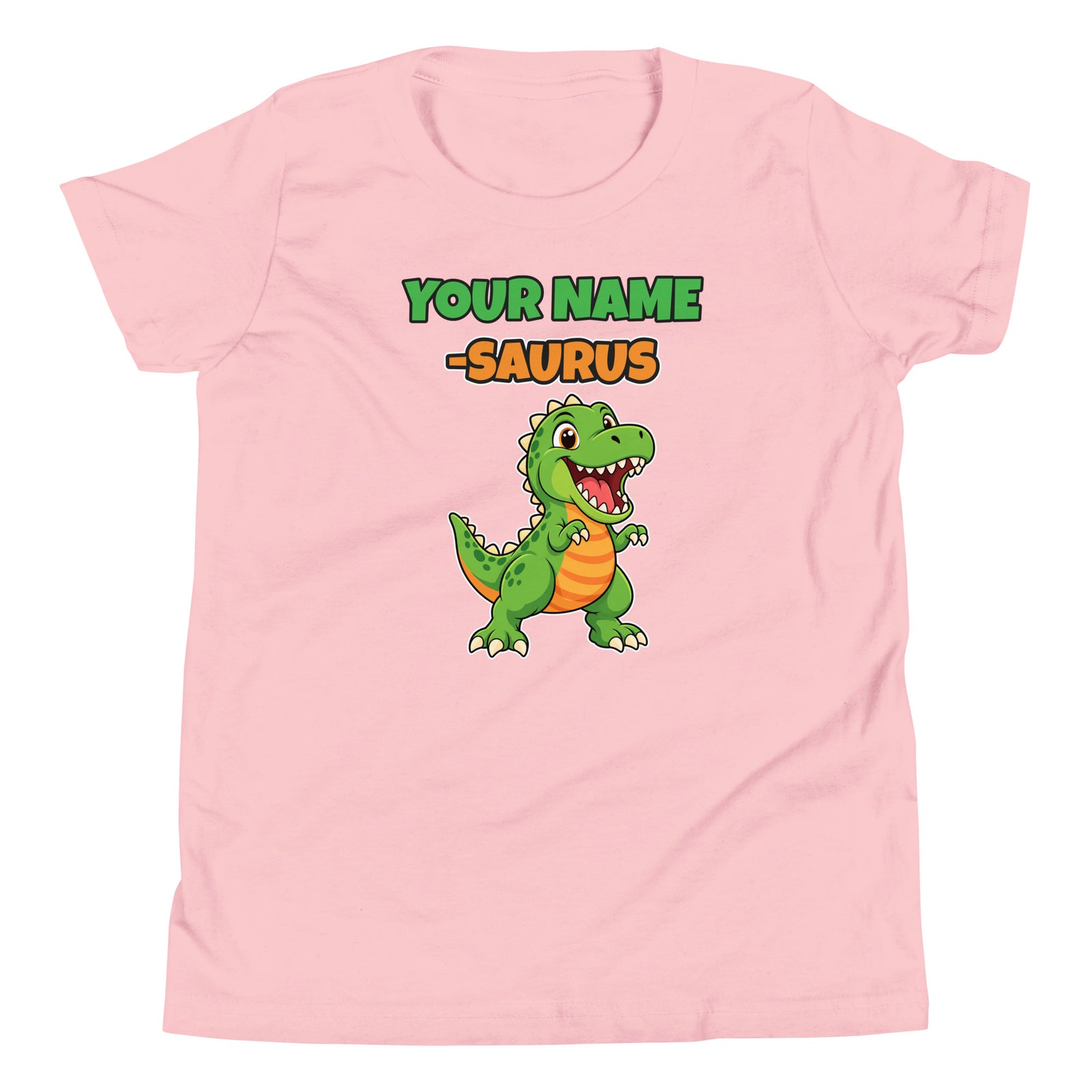 Name-Saurus personalized dinosaur t-shirt in , Printful preview with placeholder text YOUR NAME where the child's name prints, front view