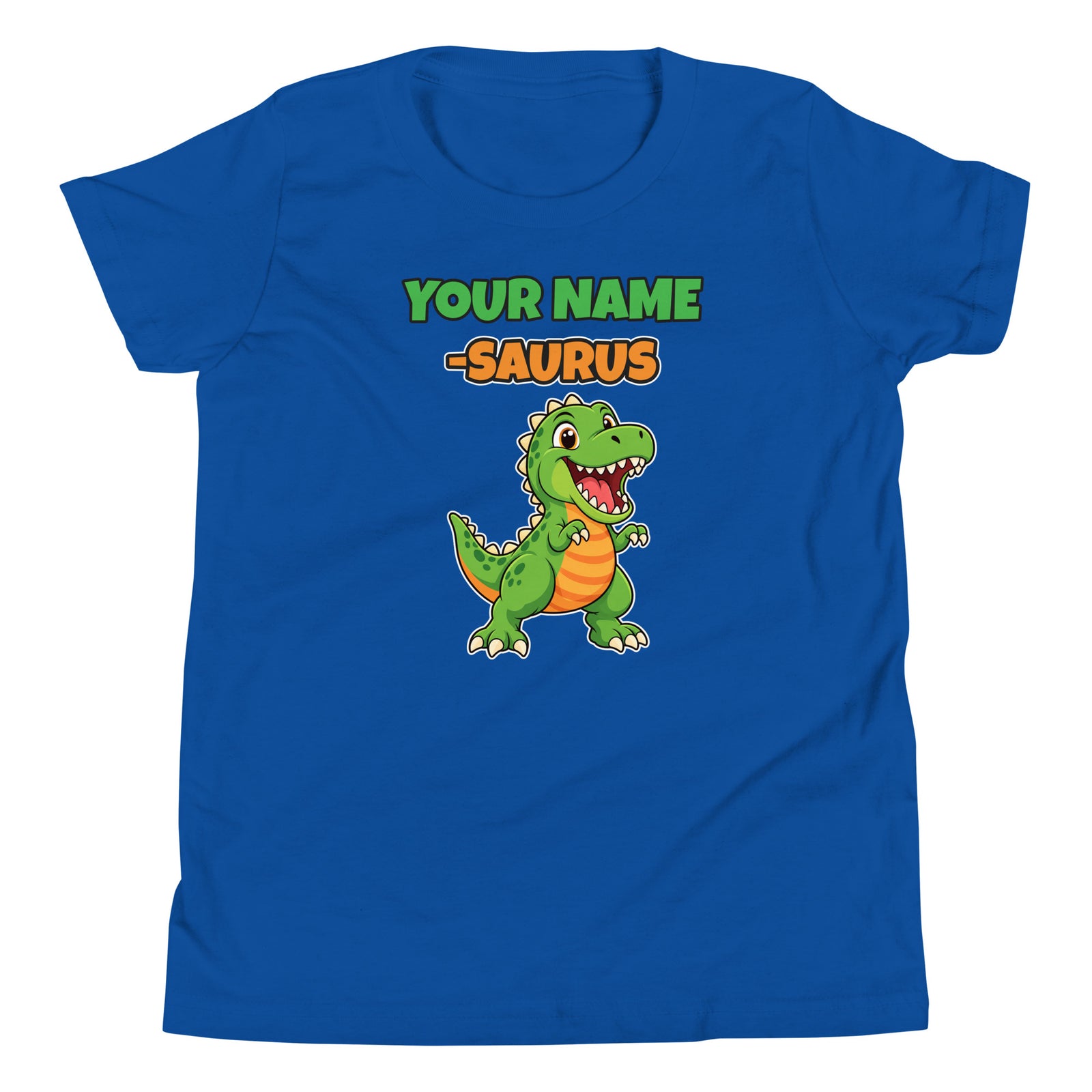 Name-Saurus personalized dinosaur t-shirt in , Printful preview with placeholder text YOUR NAME where the child's name prints, front view