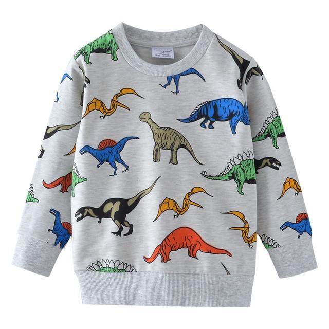 Dinosaur sweater for toddlers featuring multicolored dinosaurs. 