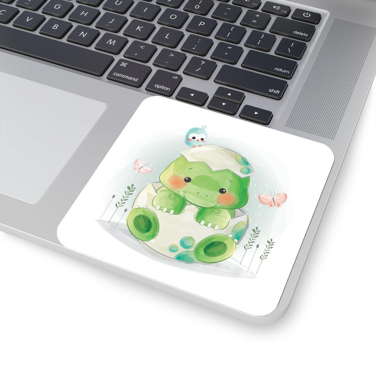 4x4 watercolor baby dinosaur breaking out of his shell sticker.