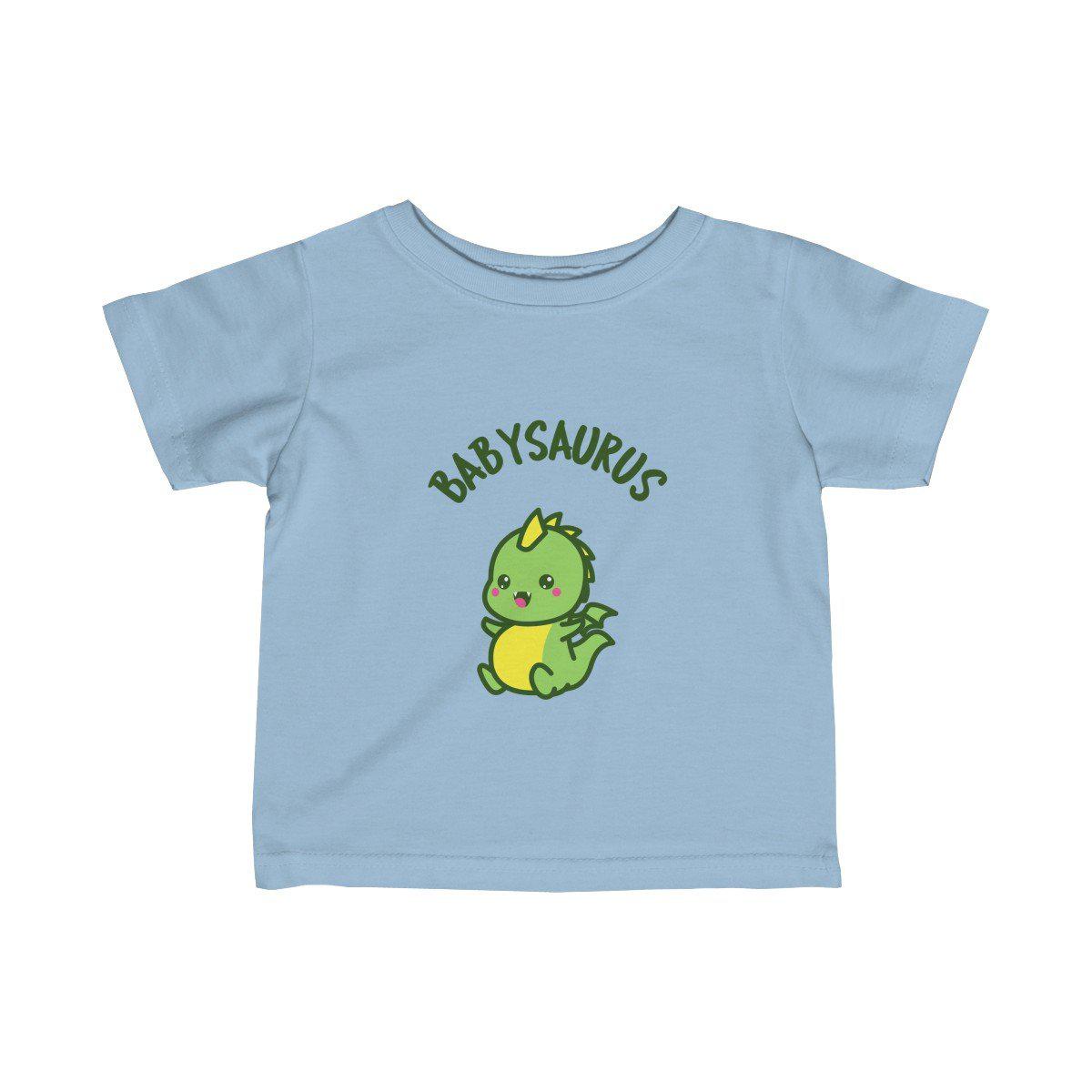 Light blue t-shirt for babies featuring an excited and cute baby dinosaur with the text Babysaurus above his head..