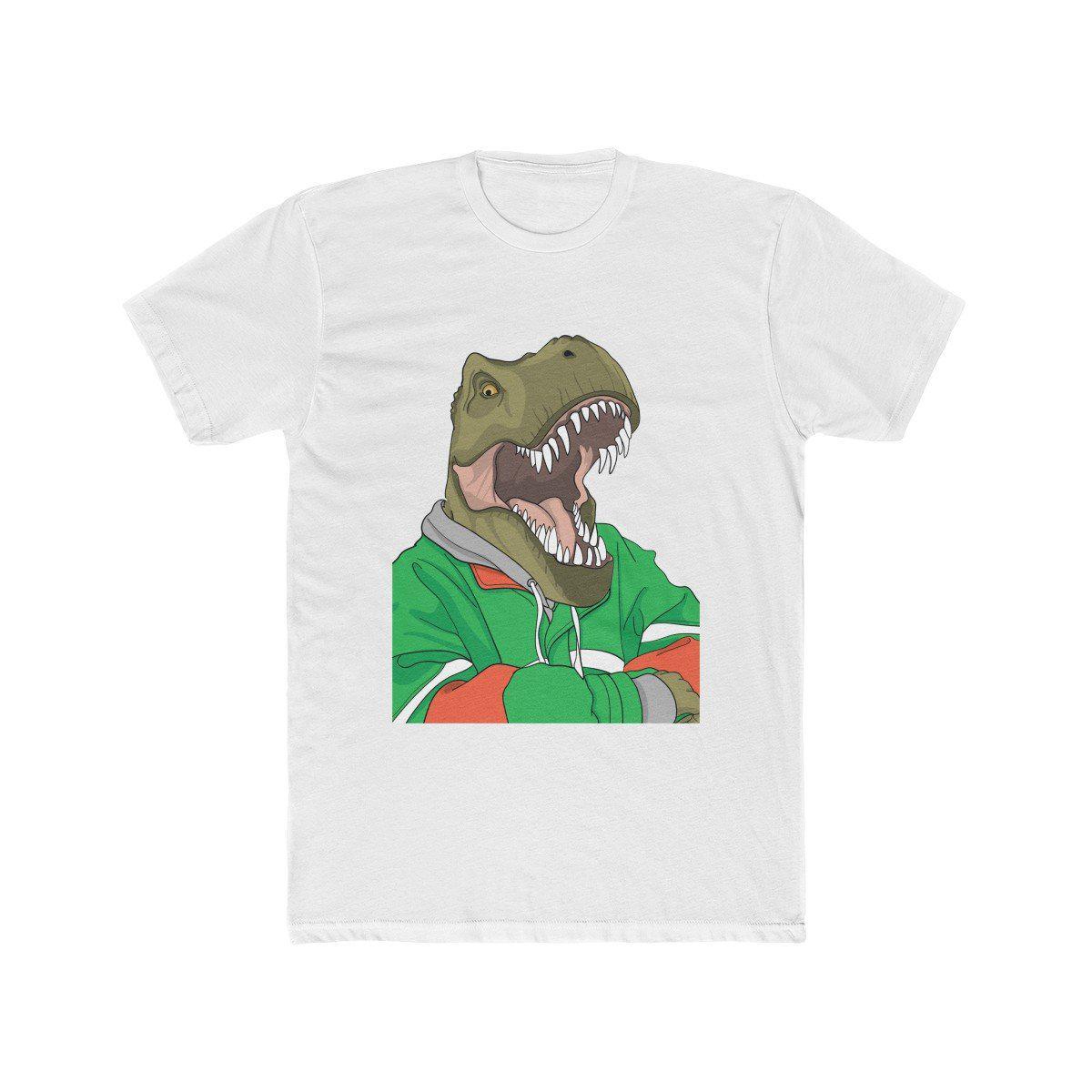 White shirt with a sweatshirt wearing, arms crossed, t-rex.