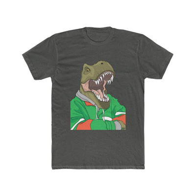 Heavy metal colored dinosaur t-shirt with a hip and cool t-rex chilling with his arms crossed and hoodie on.