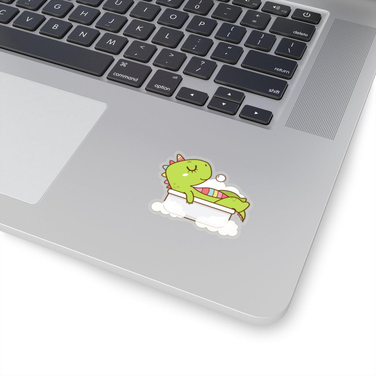 2x2 dinosaur sticker featuring a rainbow spiked dinosaur taking a bubble bath.