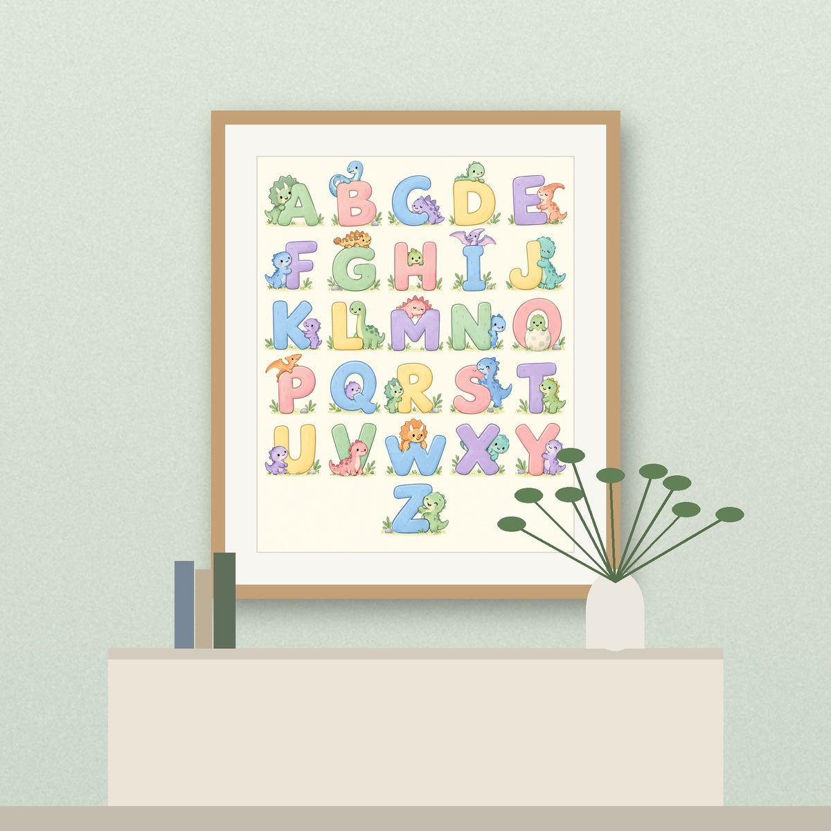 Dinosaur alphabet A to Z printable poster (framed preview)