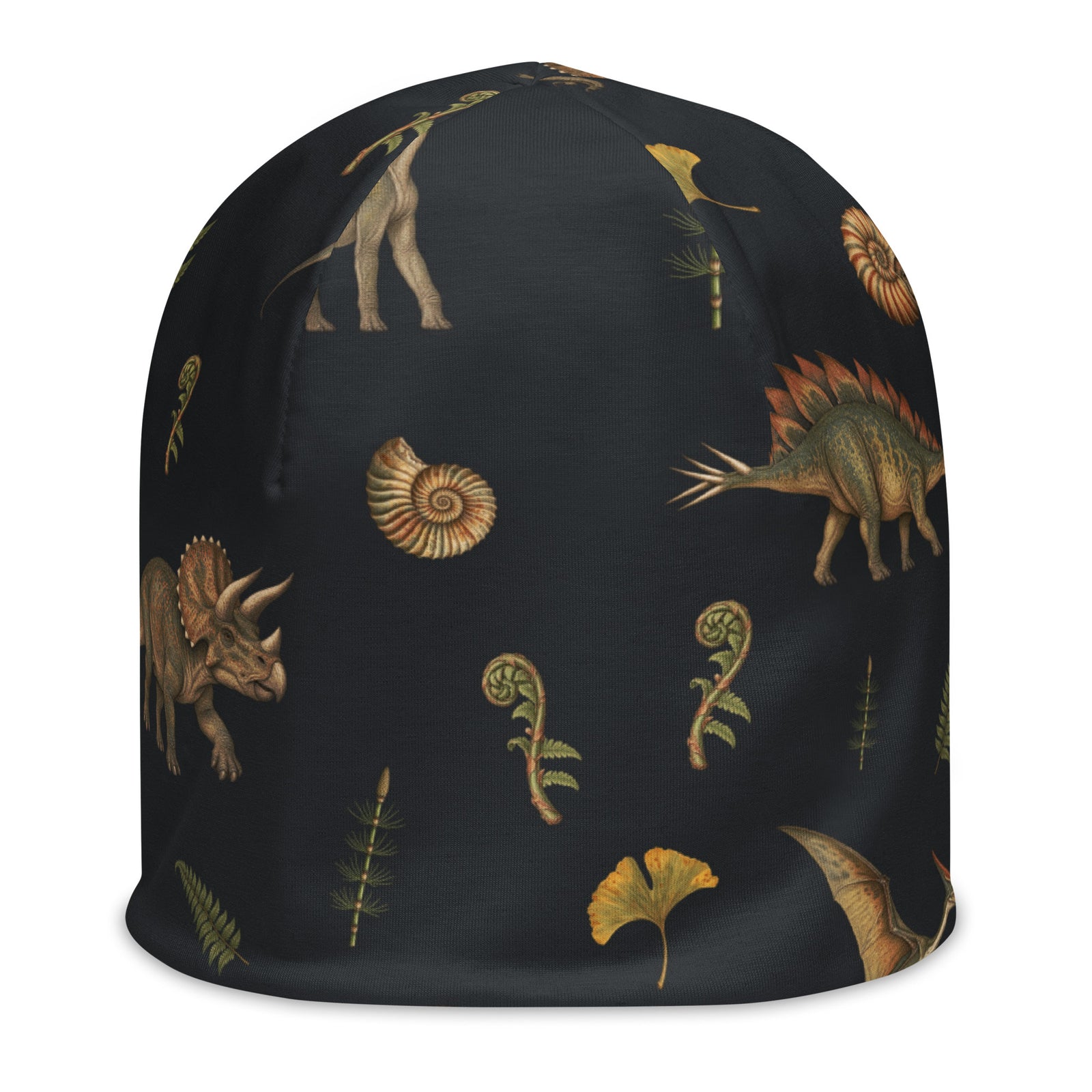 Front view of the Museum Dinosaurs dinosaur beanie with vintage T-rex, stegosaurus and triceratops illustrations on charcoal
