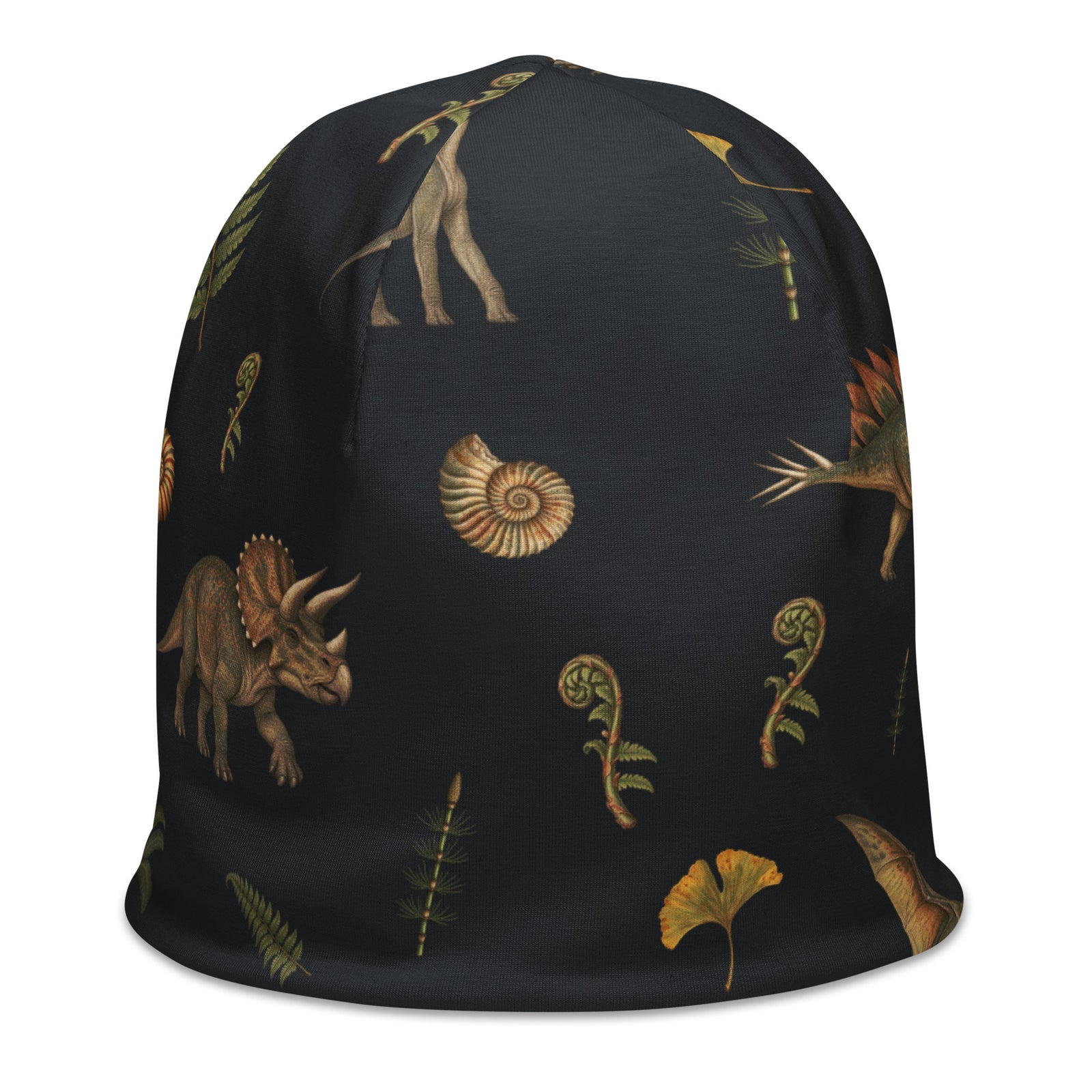 Right front view of the Museum Dinosaurs beanie showing stegosaurus, triceratops, ammonite and fern prints on charcoal