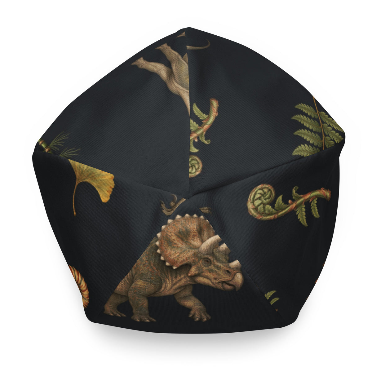 Top view of the Museum Dinosaurs all-over print beanie crown featuring a triceratops and fossil plant illustrations
