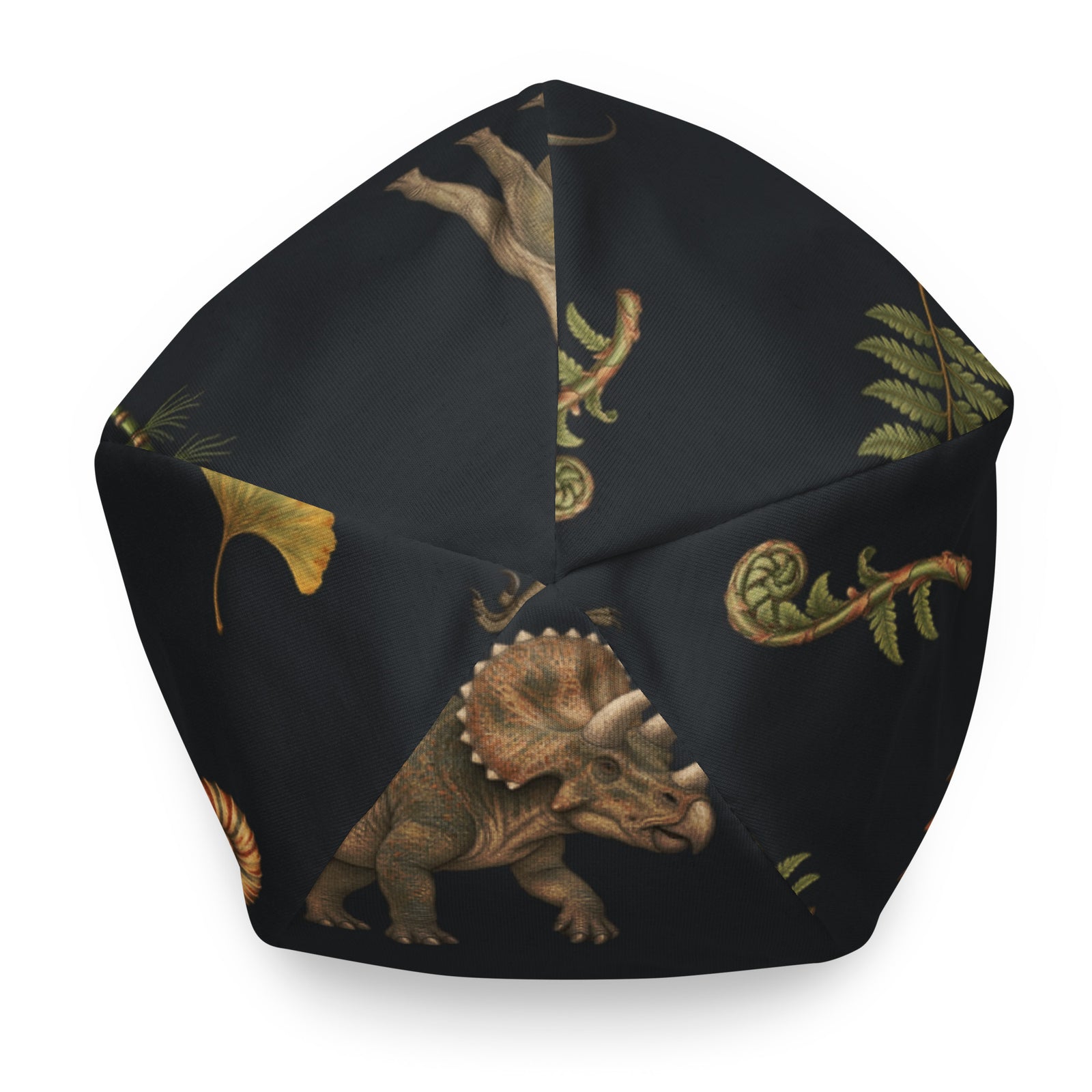 Top view of the Museum Dinosaurs all-over print beanie crown featuring a triceratops and fossil plant illustrations