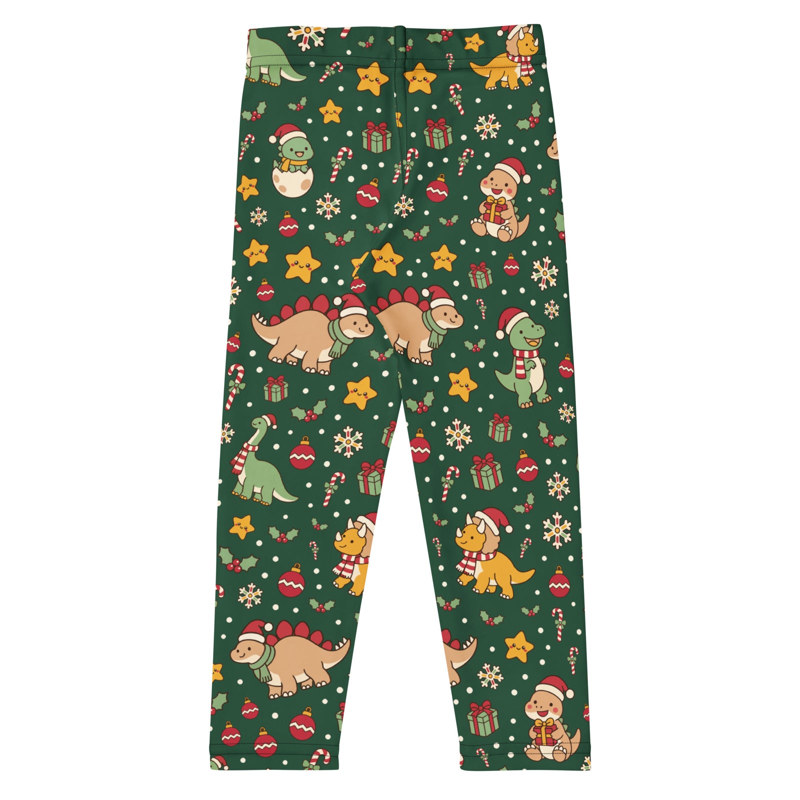 Cozy Christmas Dinos kids Christmas dinosaur leggings with Santa T-Rex and holly pattern - front view