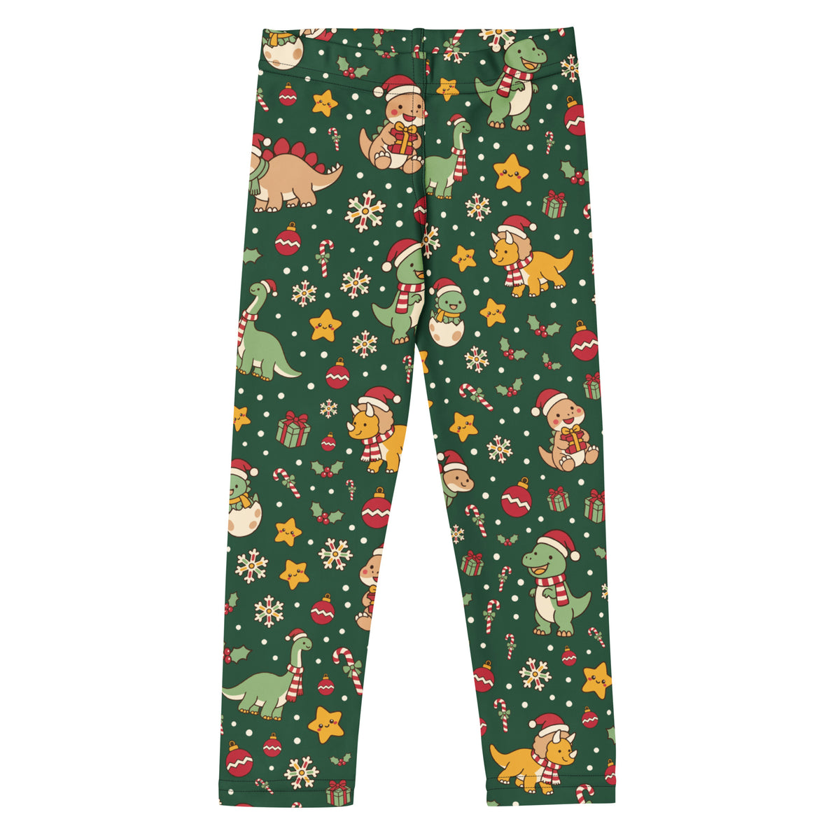 Cozy Christmas Dinos kids Christmas dinosaur leggings with Santa T-Rex and holly pattern - front view