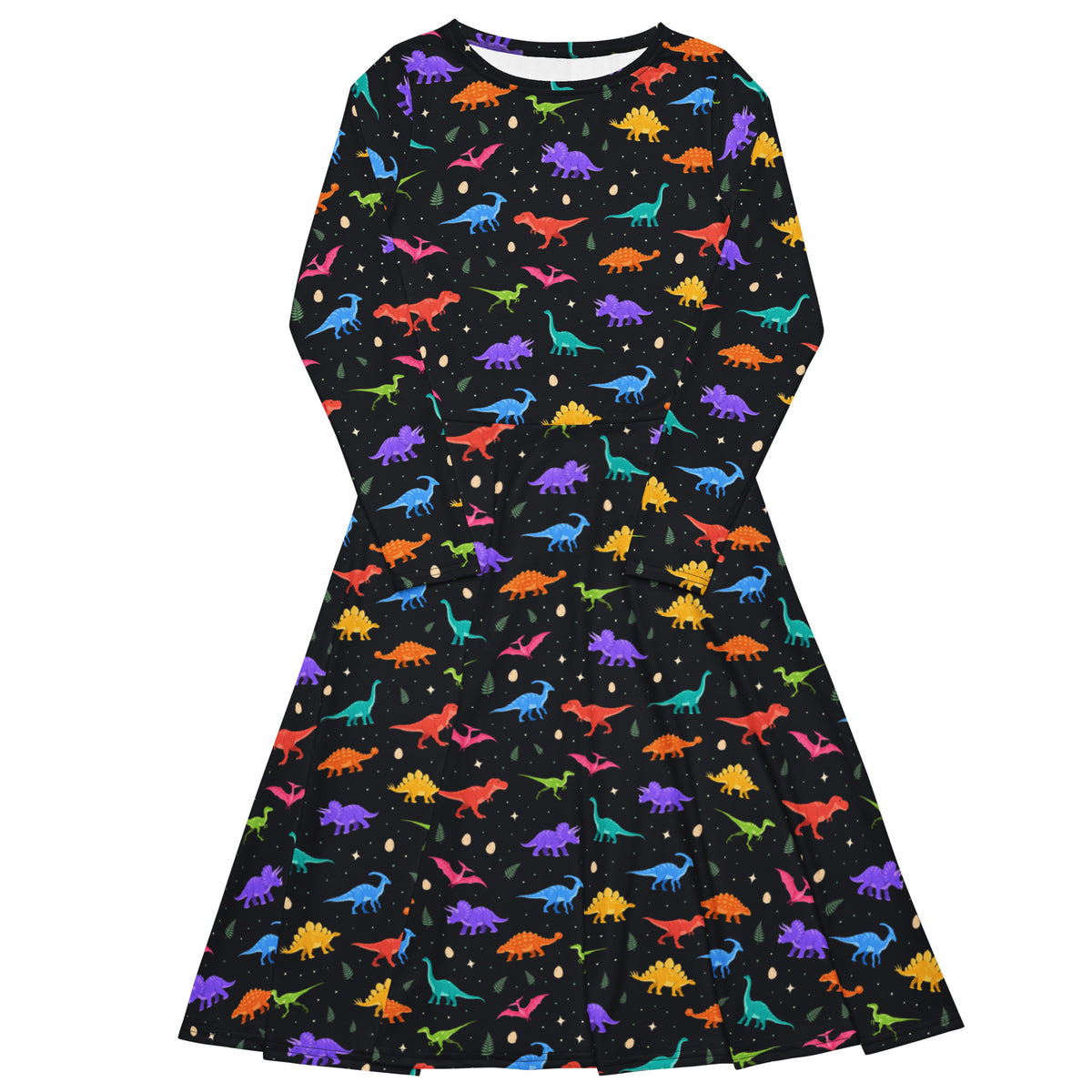 Midnight Dinos long sleeve dinosaur dress laid flat, colorful dinosaur pattern with ferns, eggs and stars
