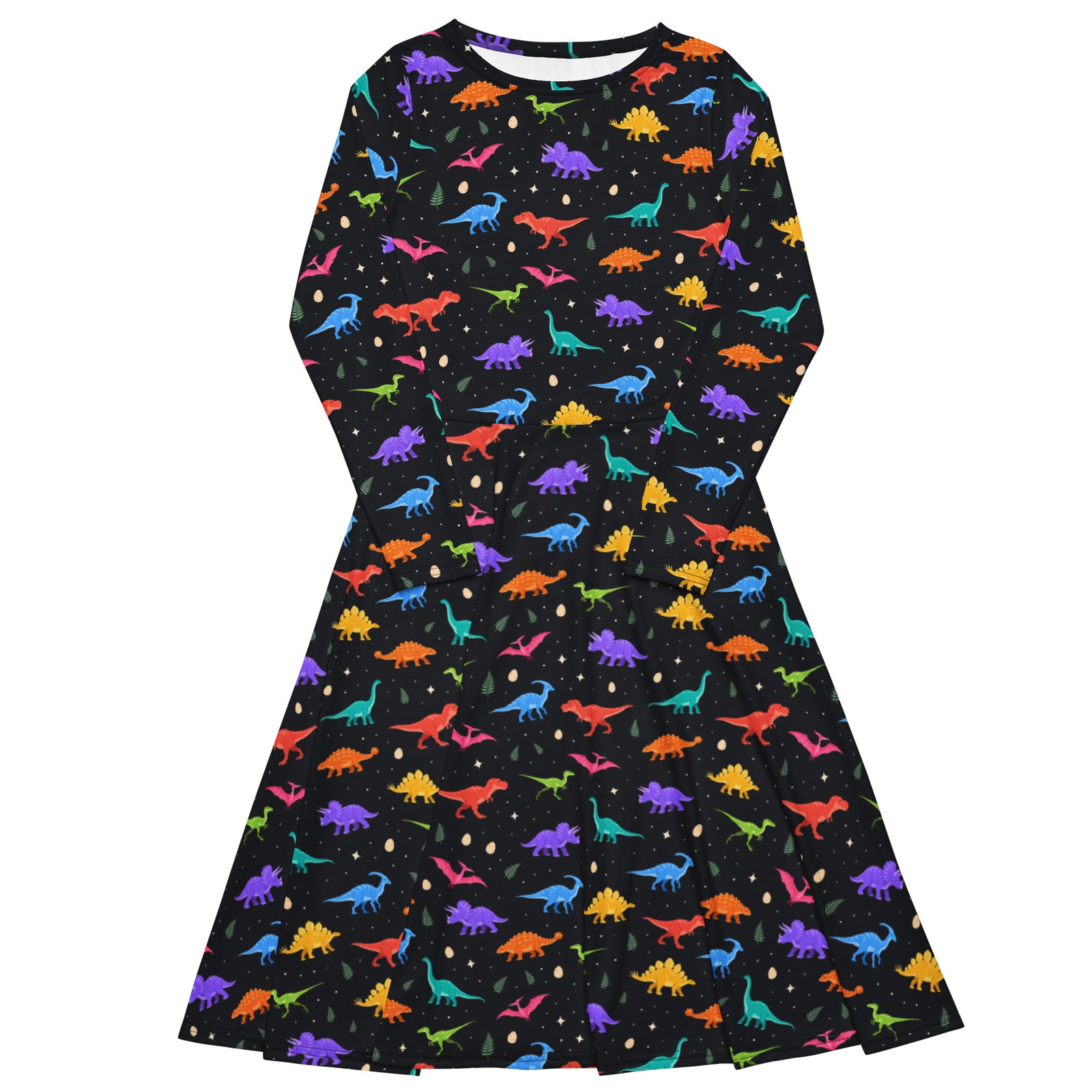 Midnight Dinos long sleeve dinosaur dress laid flat, colorful dinosaur pattern with ferns, eggs and stars