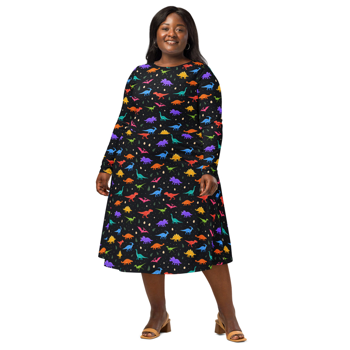 Black dinosaur print midi dress with long sleeves and a flared skirt, front view