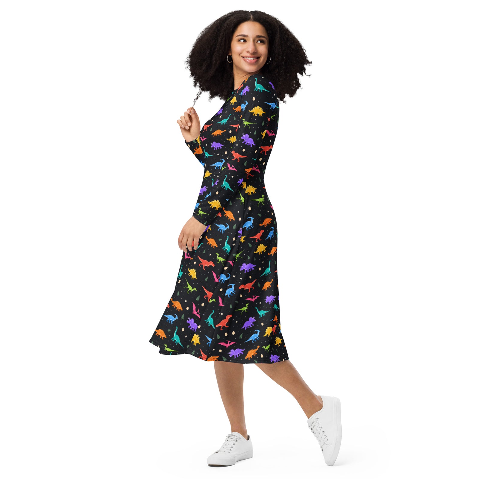 Midnight Dinos long sleeve midi dinosaur dress for women, left front view