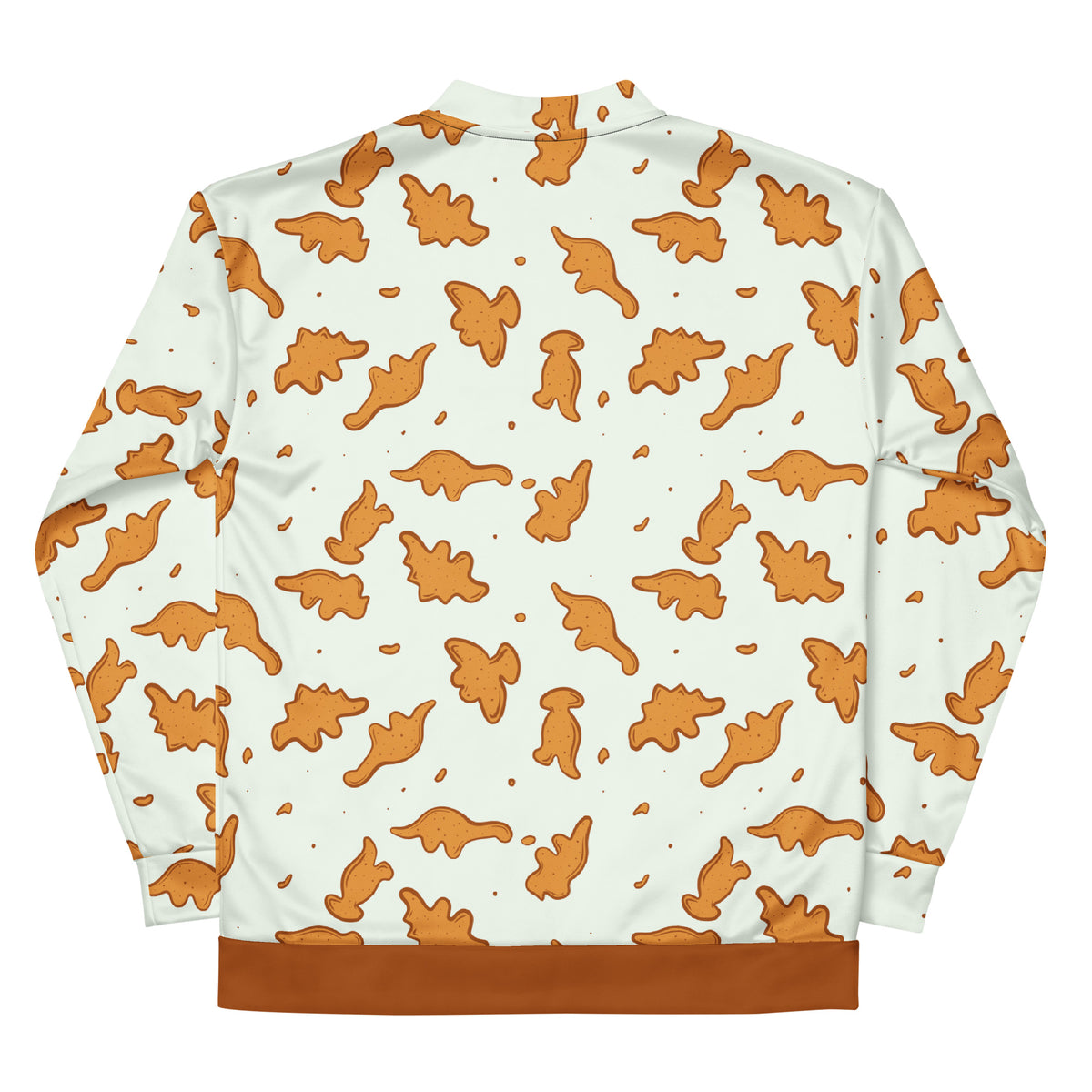 Dino Nuggies dinosaur bomber jacket back view with a nugget-brown rib waistband