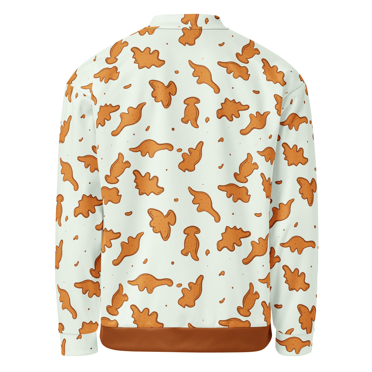 Back of the Dino Nuggies dinosaur bomber jacket showing the all-over dino nugget pattern