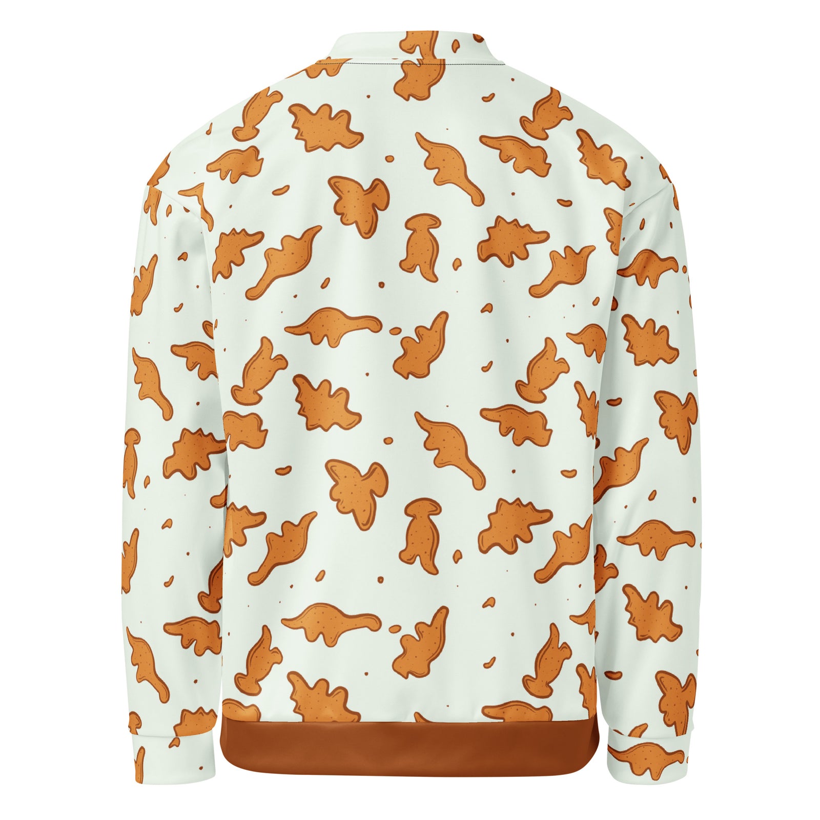 Back of the Dino Nuggies dinosaur bomber jacket showing the all-over dino nugget pattern