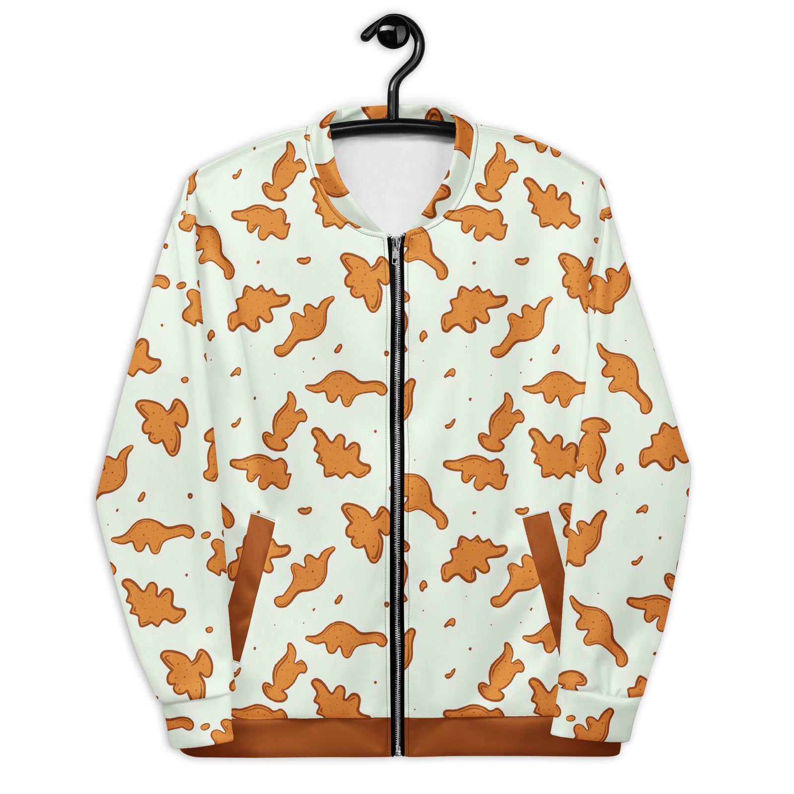 Dino Nuggies dinosaur bomber jacket on a hanger, a dinosaur jacket for adults