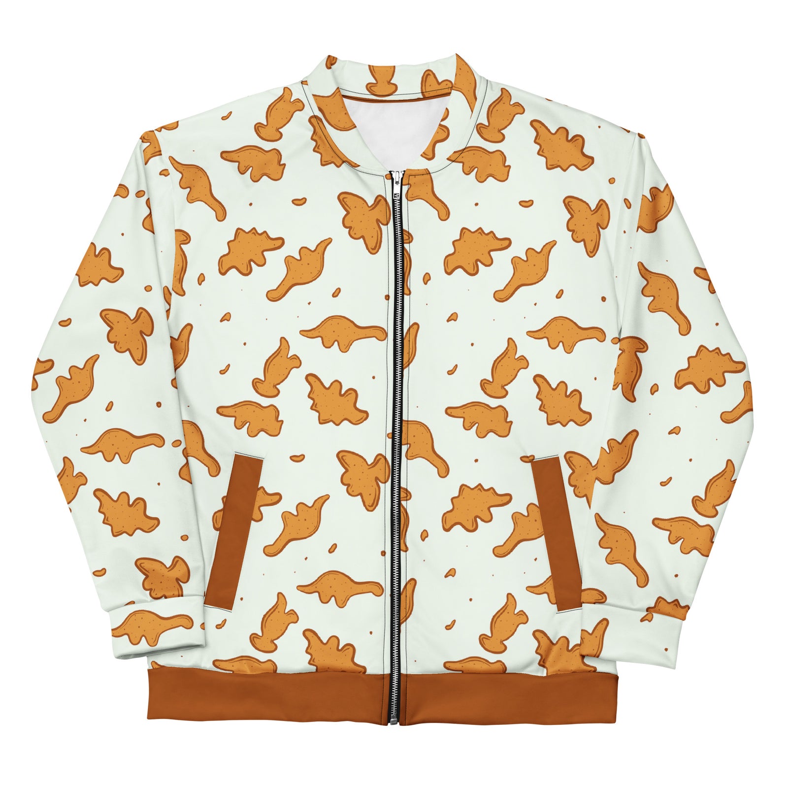 Front of the Dino Nuggies dinosaur bomber jacket with brown pocket trim and the dino nugget print on the collar and sleeves