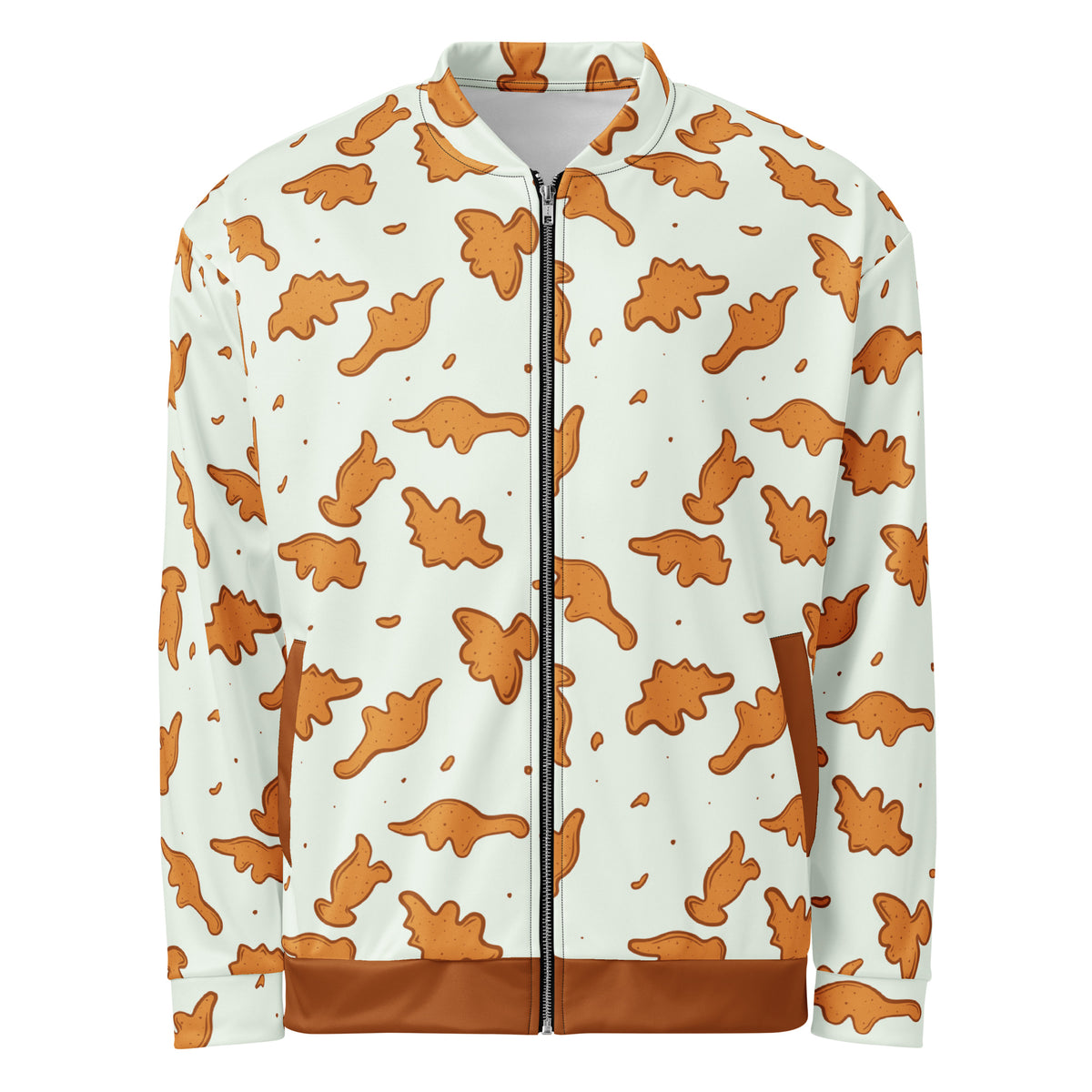 Dino Nuggies dinosaur bomber jacket, golden dino nugget print on light mint with a brown rib waistband, front view