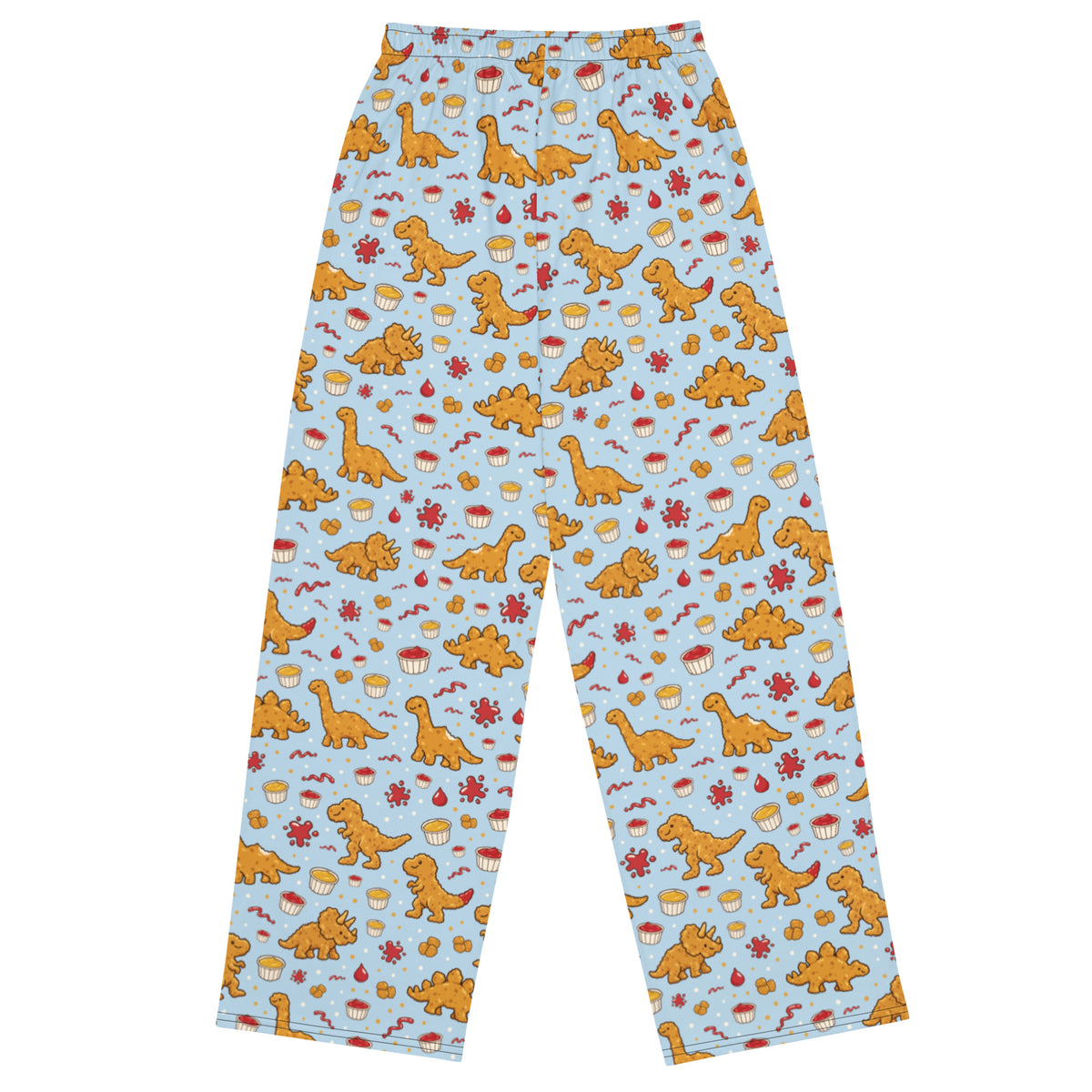 Dino Nuggies adult dinosaur pajama pants, back view, all-over dino nugget print on light blue