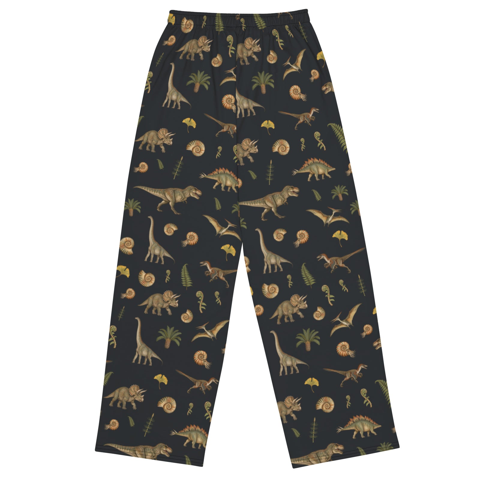 Museum Dinosaurs adult dinosaur pajama pants, back view, vintage dinosaur illustrations on charcoal