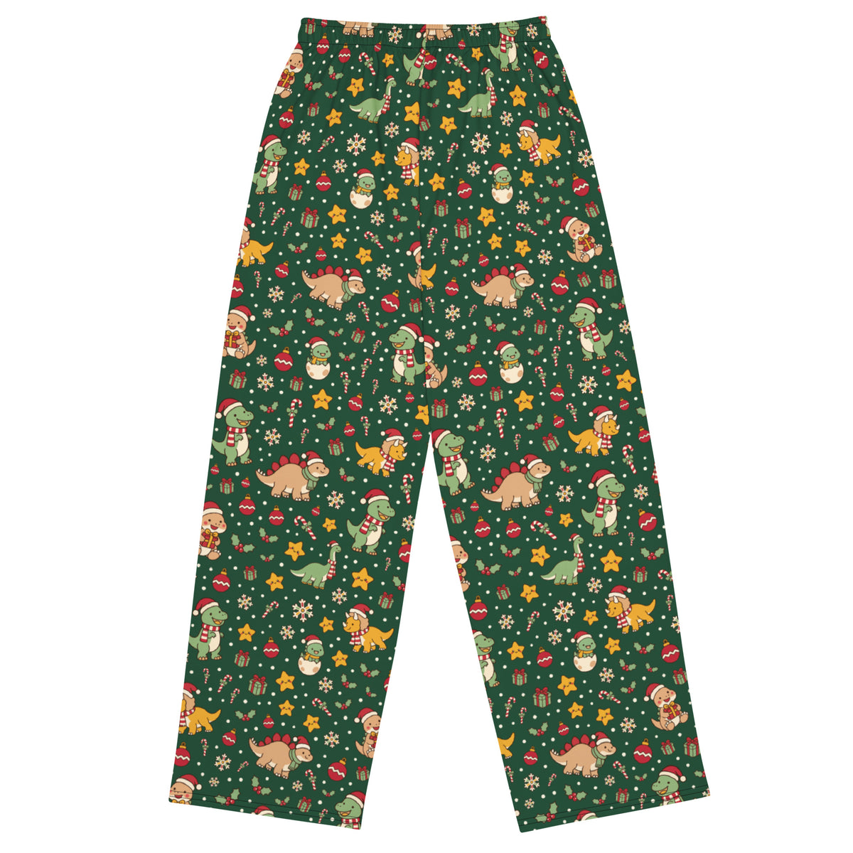 Cozy Christmas Dinos adult dinosaur Christmas pajama pants with Santa hat T-Rex pattern - back view