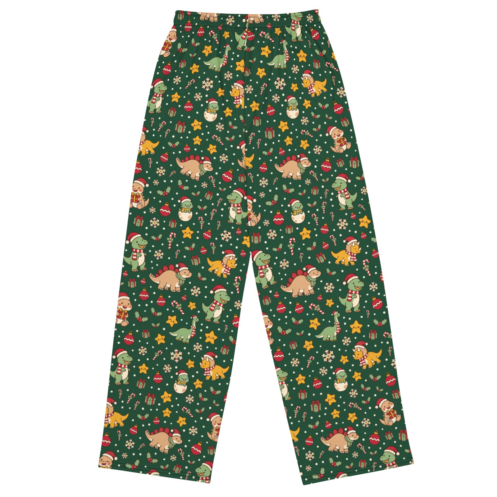 Cozy Christmas Dinos adult dinosaur Christmas pajama pants with Santa hat T-Rex pattern - front view