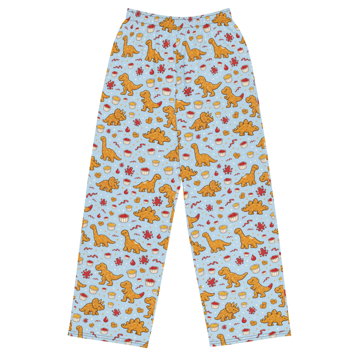 Dino Nuggies adult dinosaur pajama pants, front view, all-over dino nugget print on light blue
