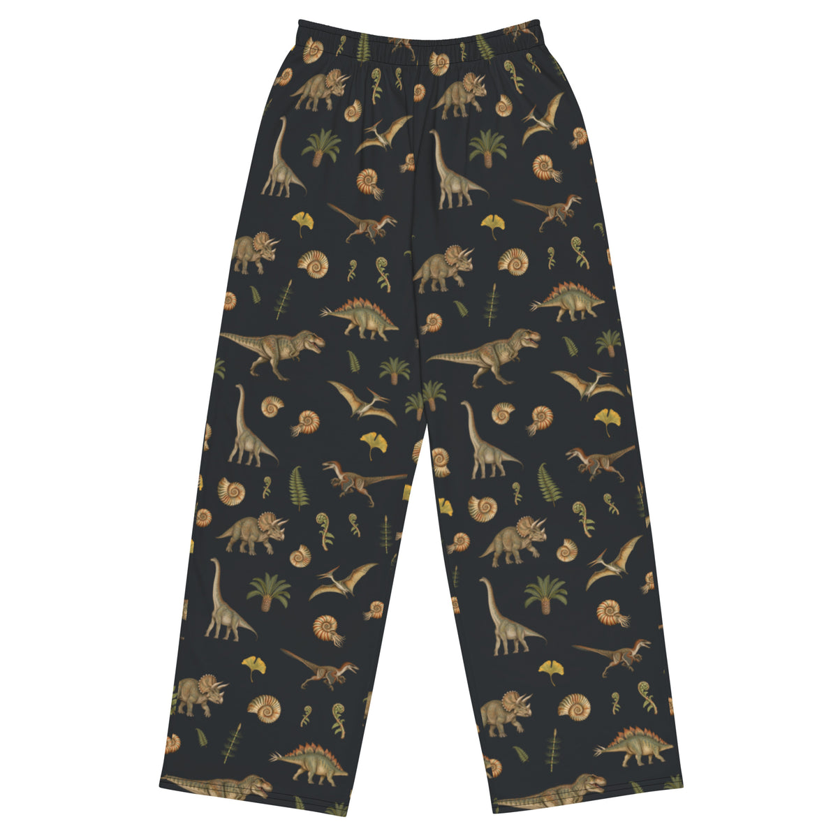 Museum Dinosaurs adult dinosaur pajama pants, front view, vintage dinosaur illustrations on charcoal
