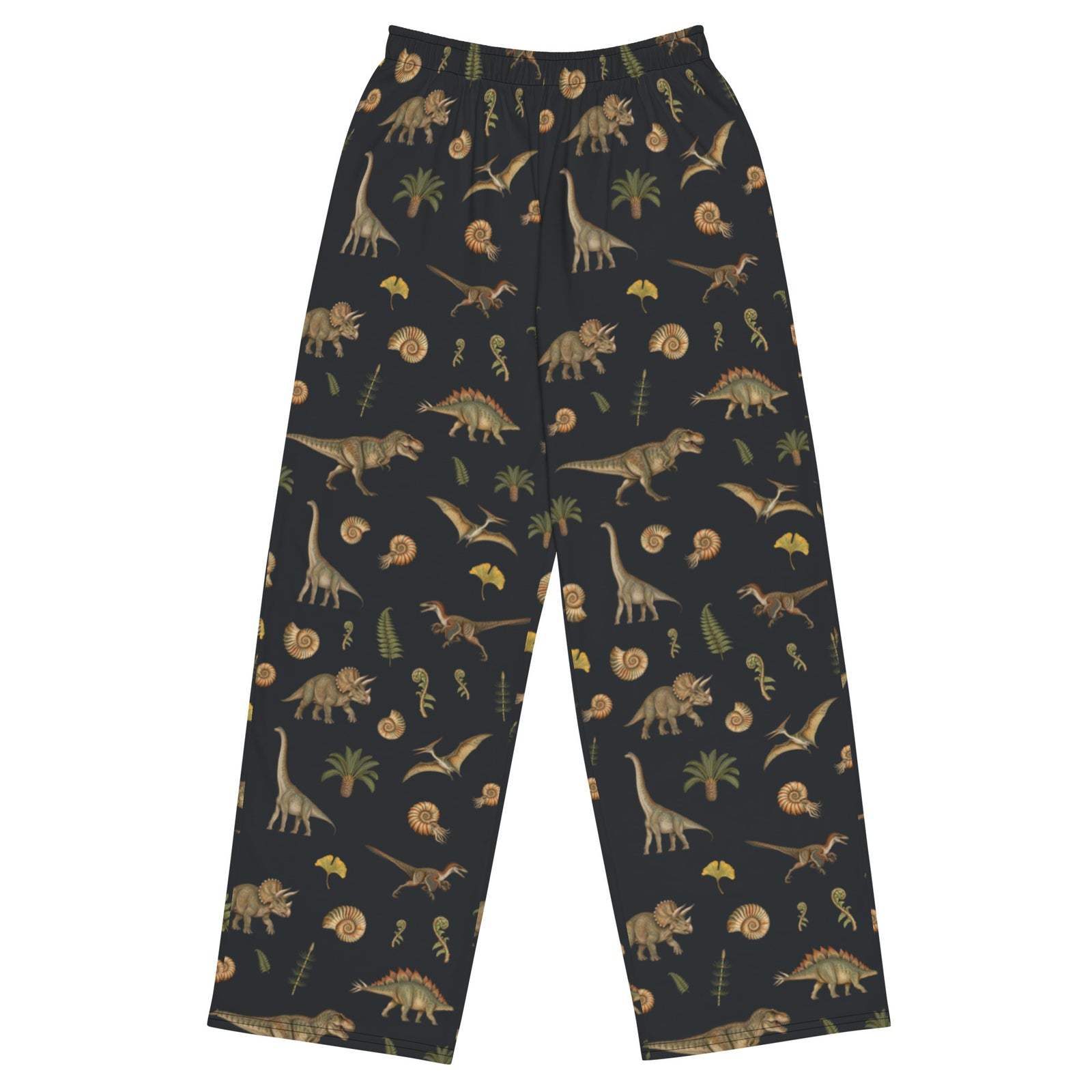 Museum Dinosaurs adult dinosaur pajama pants, front view, vintage dinosaur illustrations on charcoal