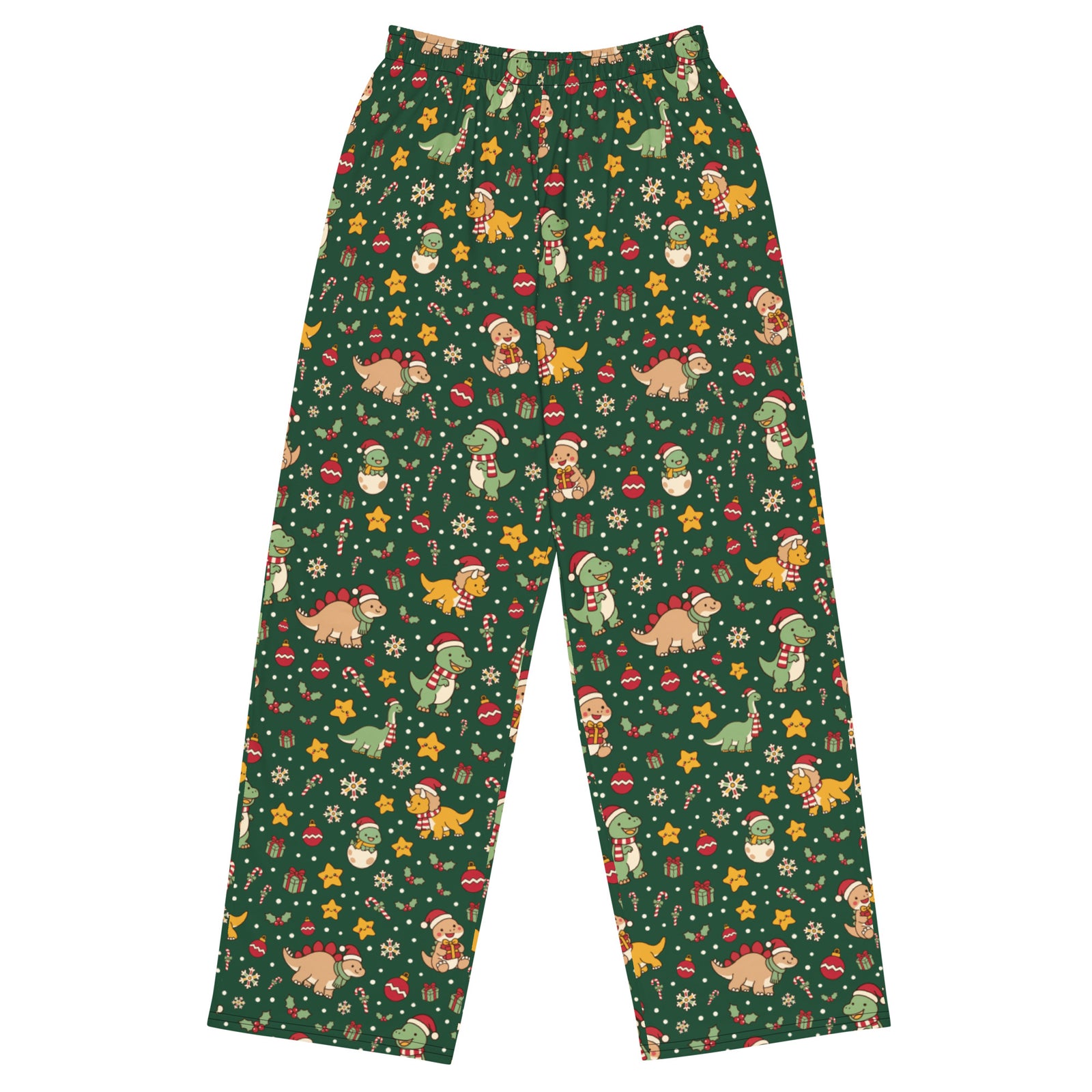 Cozy Christmas Dinos adult dinosaur Christmas pajama pants with Santa hat T-Rex pattern - front view