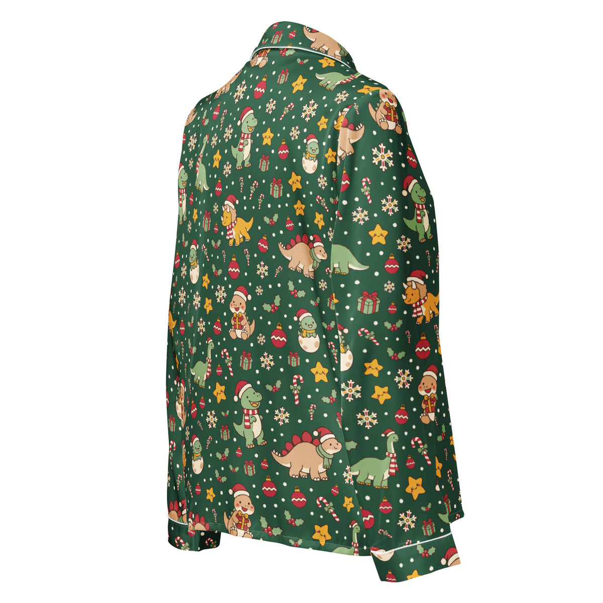 Cozy Christmas Dinos women's long sleeve button-up dinosaur Christmas pajama top - right back view
