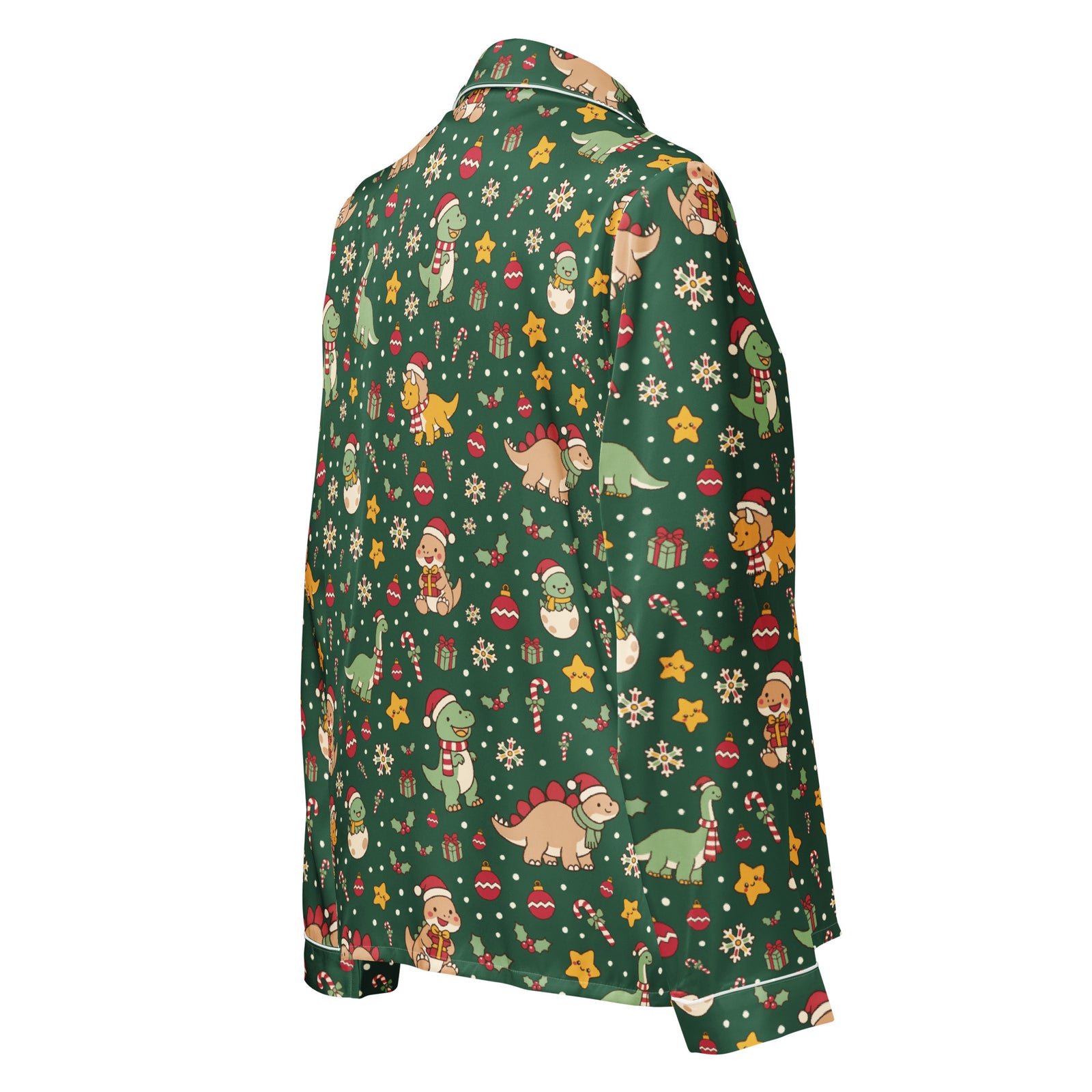 Cozy Christmas Dinos women's long sleeve button-up dinosaur Christmas pajama top - right back view