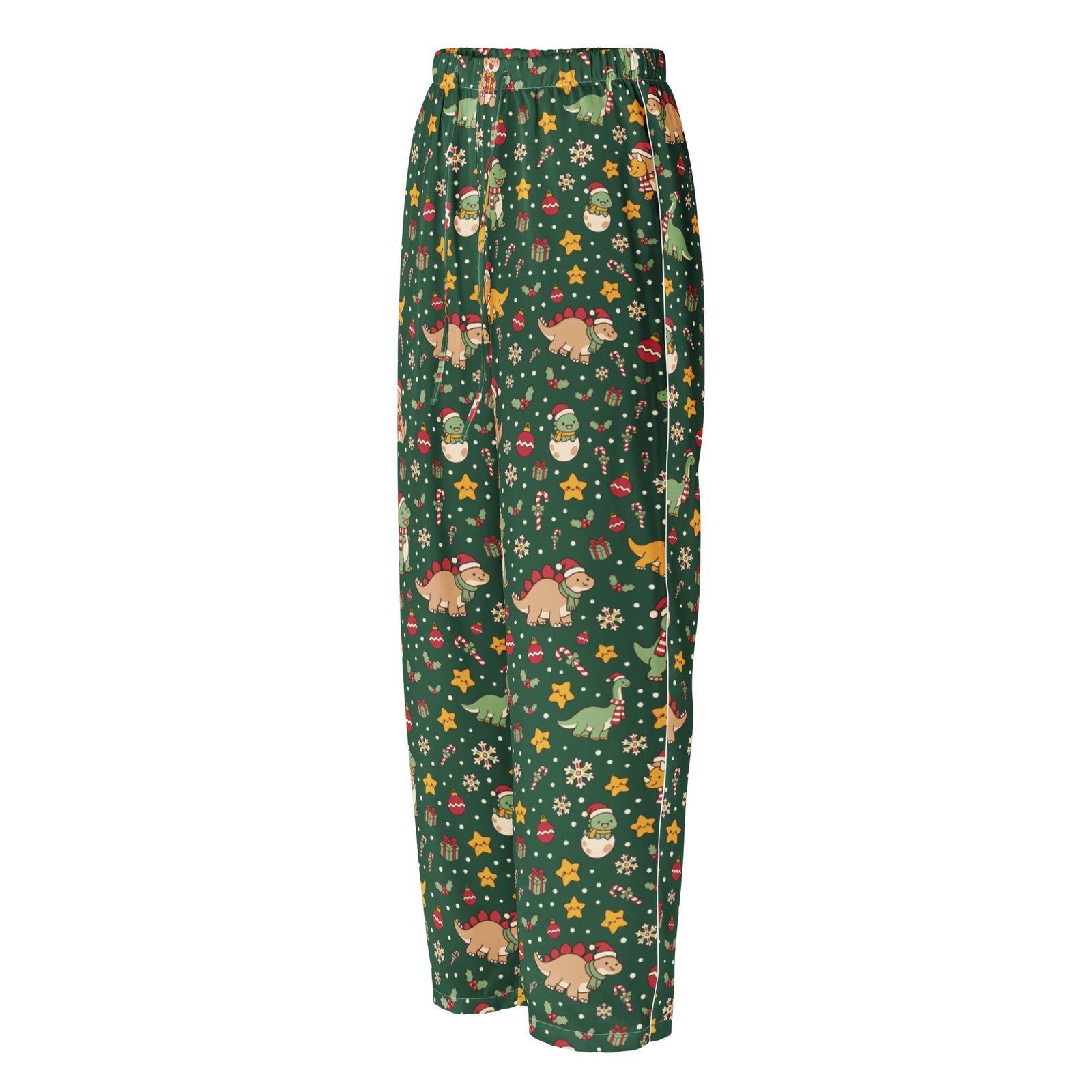 Cozy Christmas Dinos women's silky dinosaur Christmas pajama pants - left front view