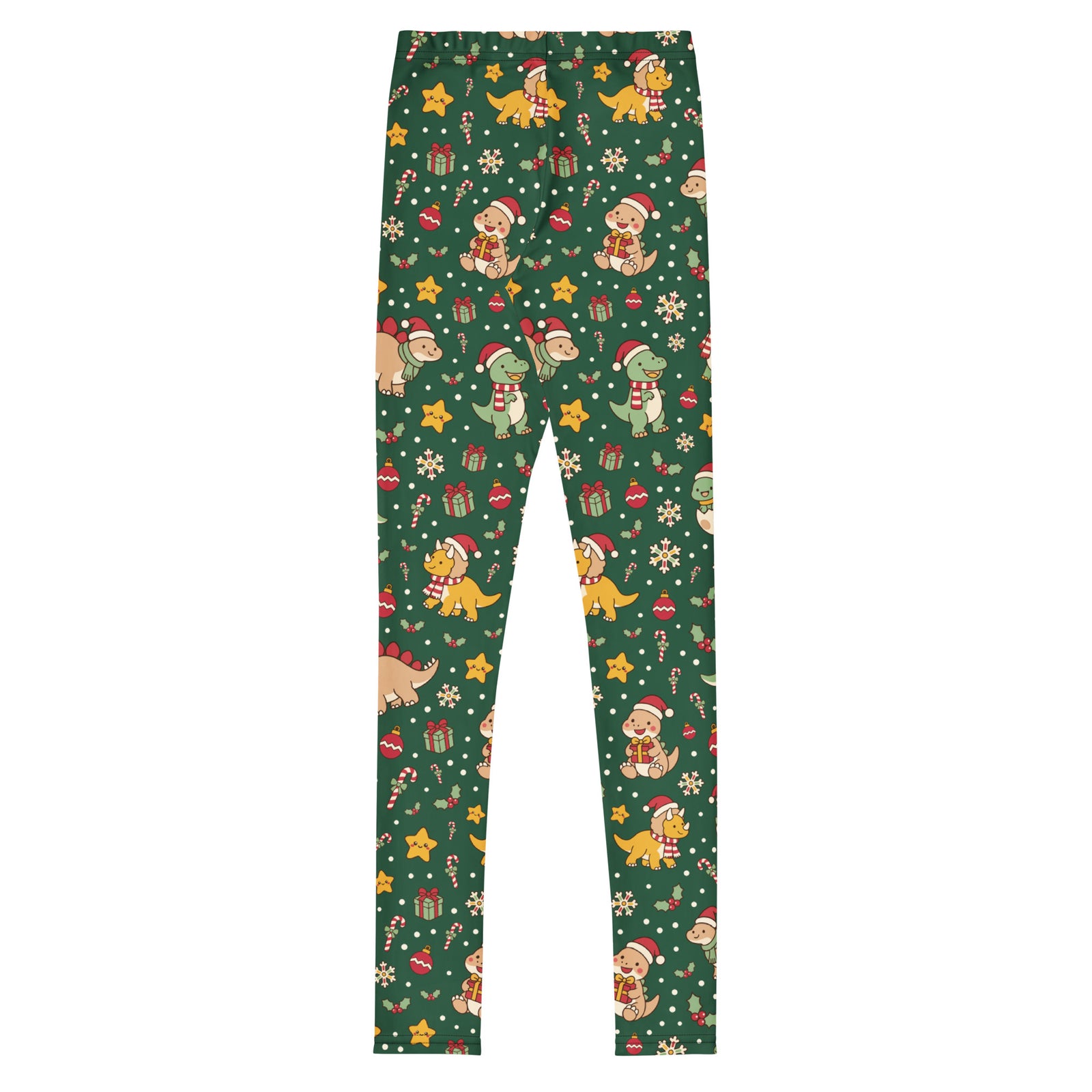 Cozy Christmas Dinos youth Christmas dinosaur leggings with Santa T-Rex and gift pattern - front view