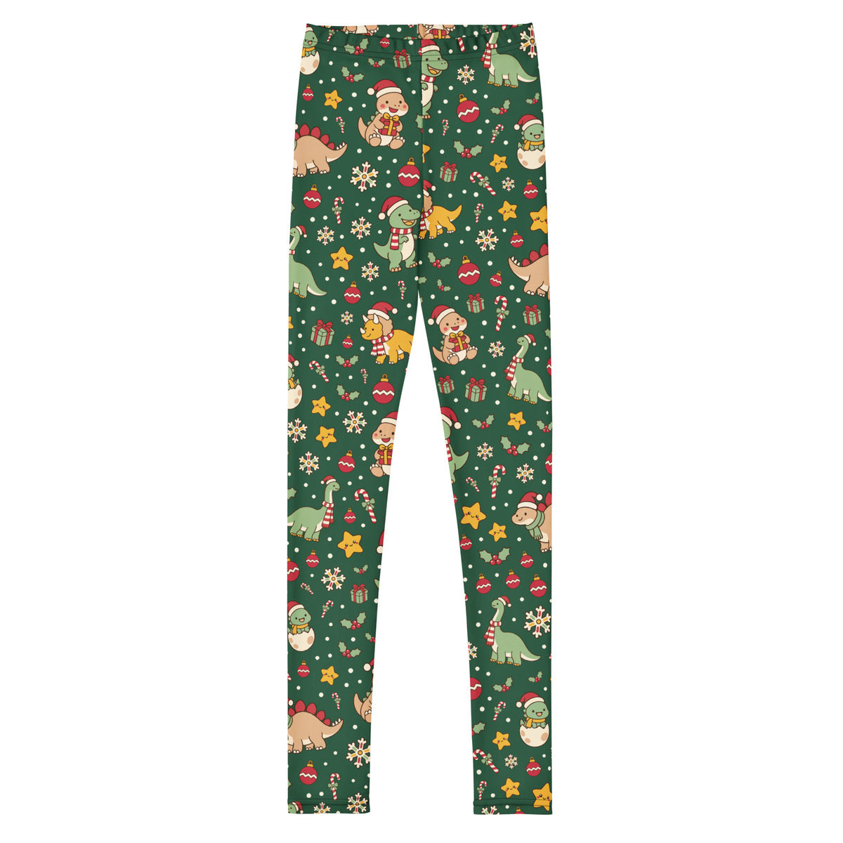 Cozy Christmas Dinos youth Christmas dinosaur leggings with Santa T-Rex and gift pattern - front view