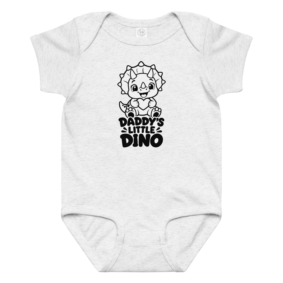 Daddy's Little Dino baby dinosaur bodysuit in Ash, black and white baby triceratops hugging a heart above DADDY'S LITTLE DINO text, front view