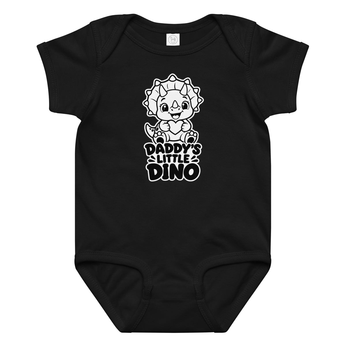 Daddy's Little Dino baby dinosaur bodysuit in Black, black and white baby triceratops hugging a heart above DADDY'S LITTLE DINO text, front view