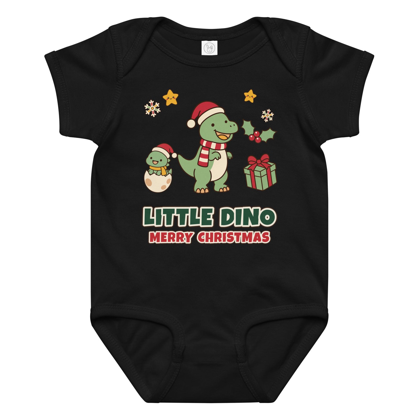Little Dino Merry Christmas baby dinosaur Christmas bodysuit with Santa hat T-Rex - Black - front view