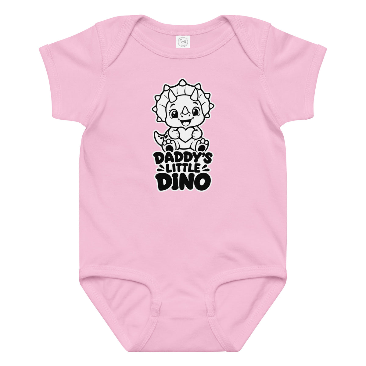 Daddy's Little Dino baby dinosaur bodysuit in Pink, black and white baby triceratops hugging a heart above DADDY'S LITTLE DINO text, front view
